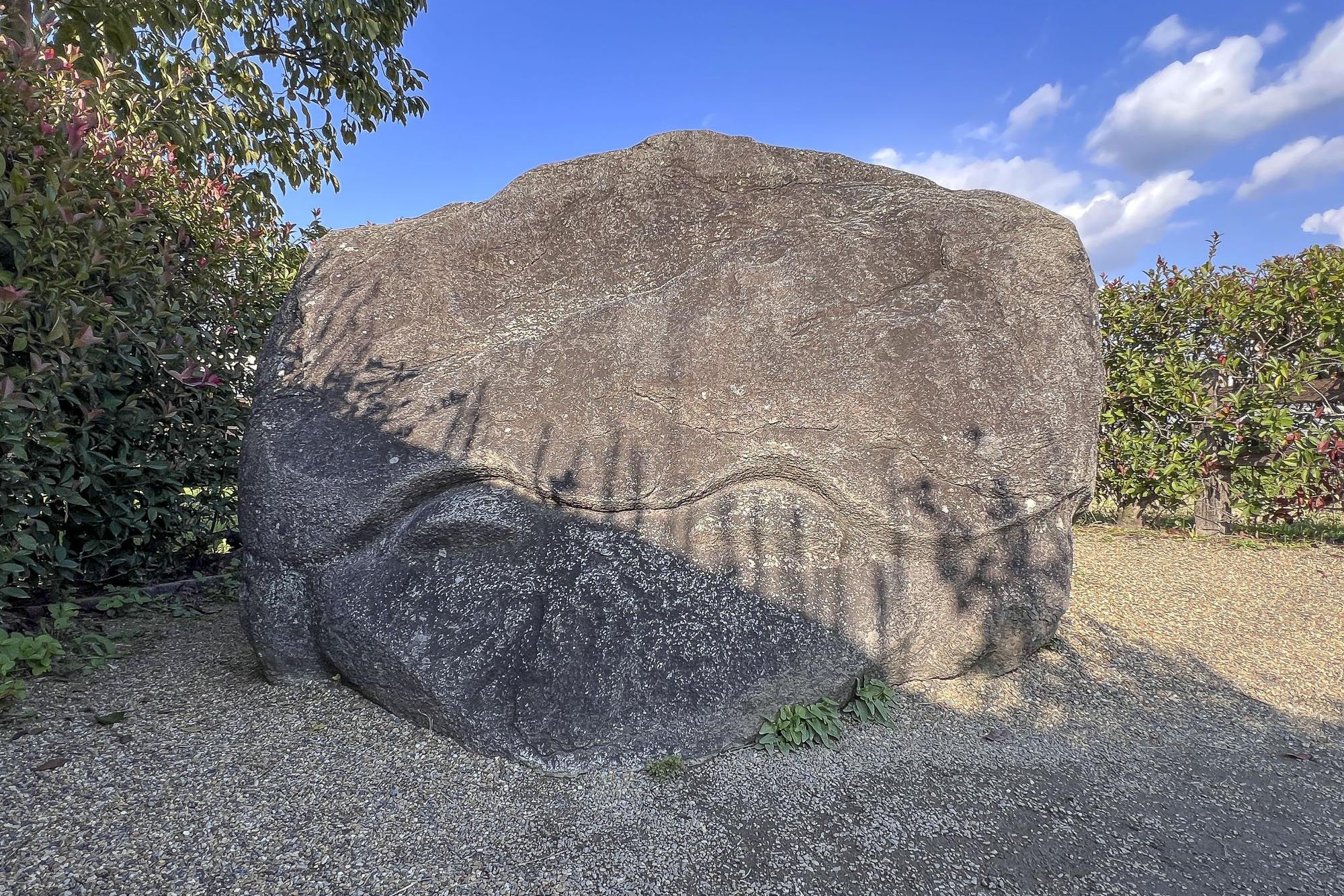 Large ancient carved stone with faint face or mask design, surrounded by green plants and bushes, under a blue sky with white clouds.