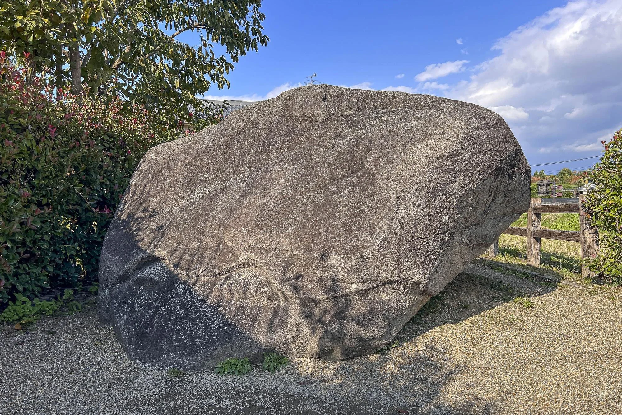 A large, irregularly shaped boulder next to some bushes and a wooden fence outdoors under a partly cloudy sky.