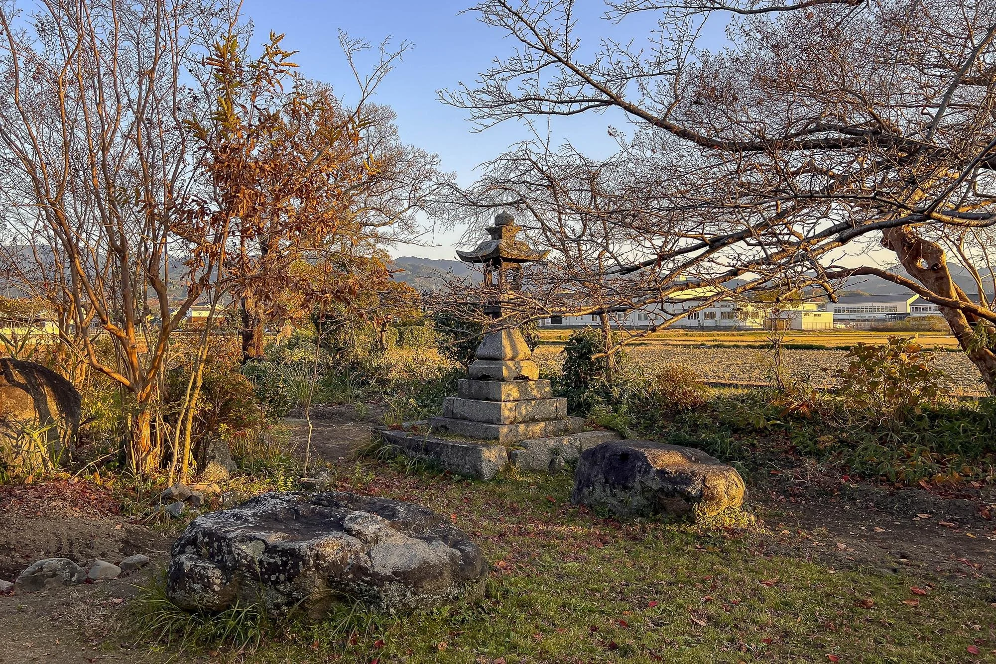 A stone lantern shrine in a garden, surrounded by autumn trees with bare branches, rocks, and grass, with farm fields and buildings in the background near sunset.