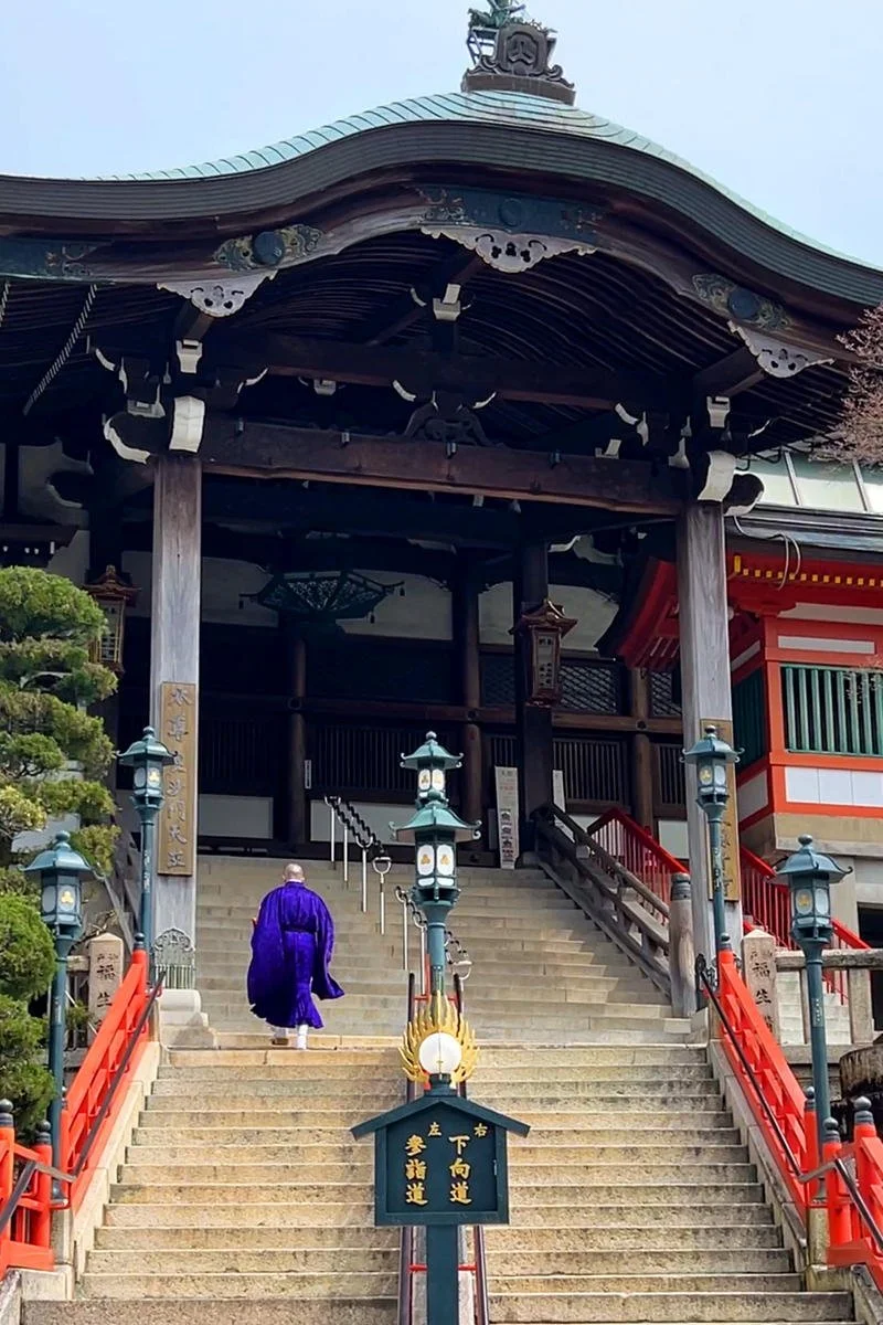 A person dressed in traditional purple Japanese attire ascending stairs at a Japanese shrine, with lanterns and ornate wooden structures surrounding them.