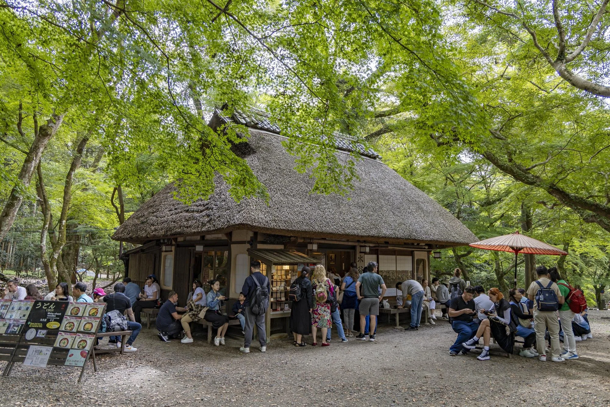 People sitting and standing outside a traditional Japanese building with a thatched roof in a lush green forest.