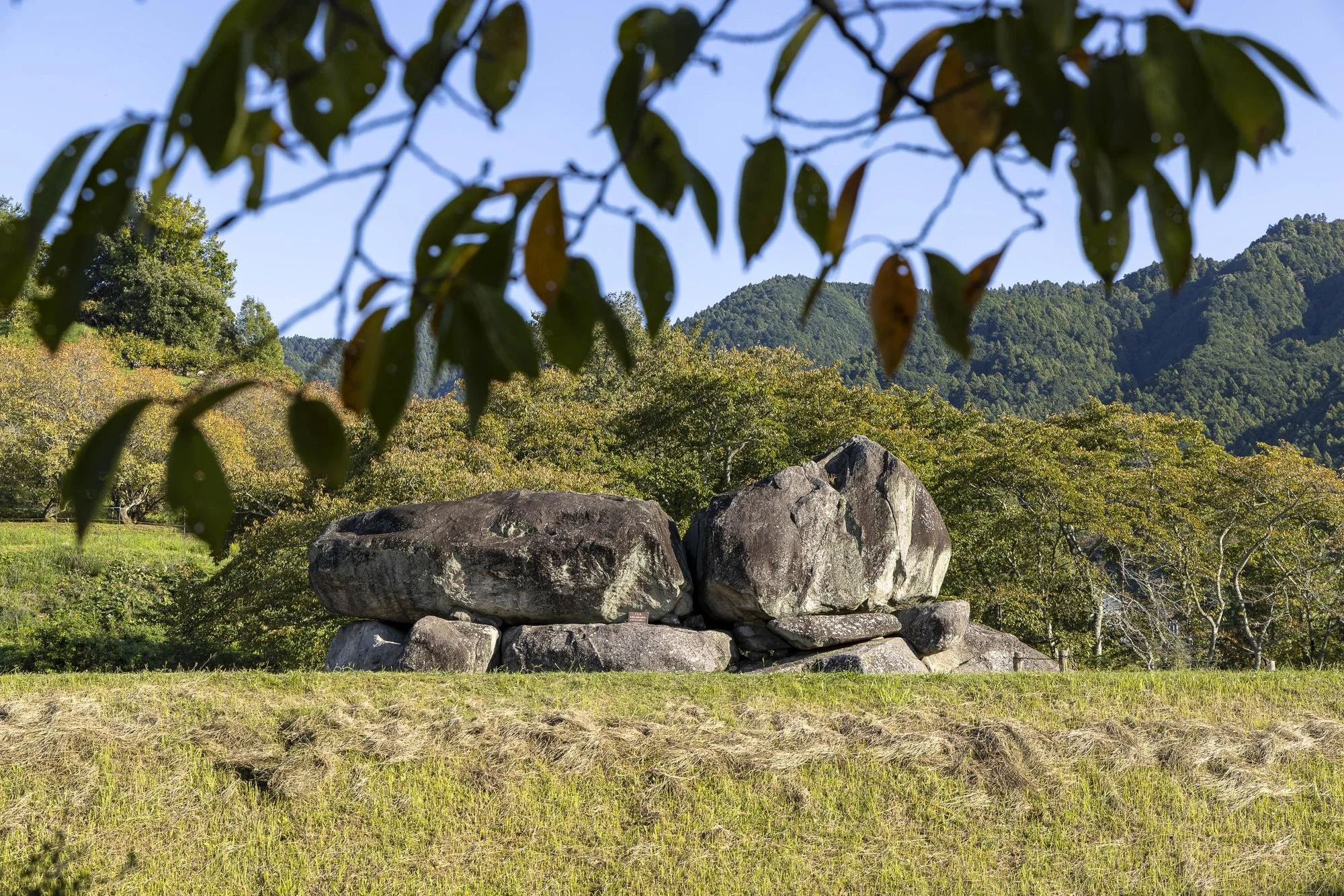 Large ancient Japanese rocks forming a stone formation in a park, with green trees and mountains in the background under a clear blue sky.