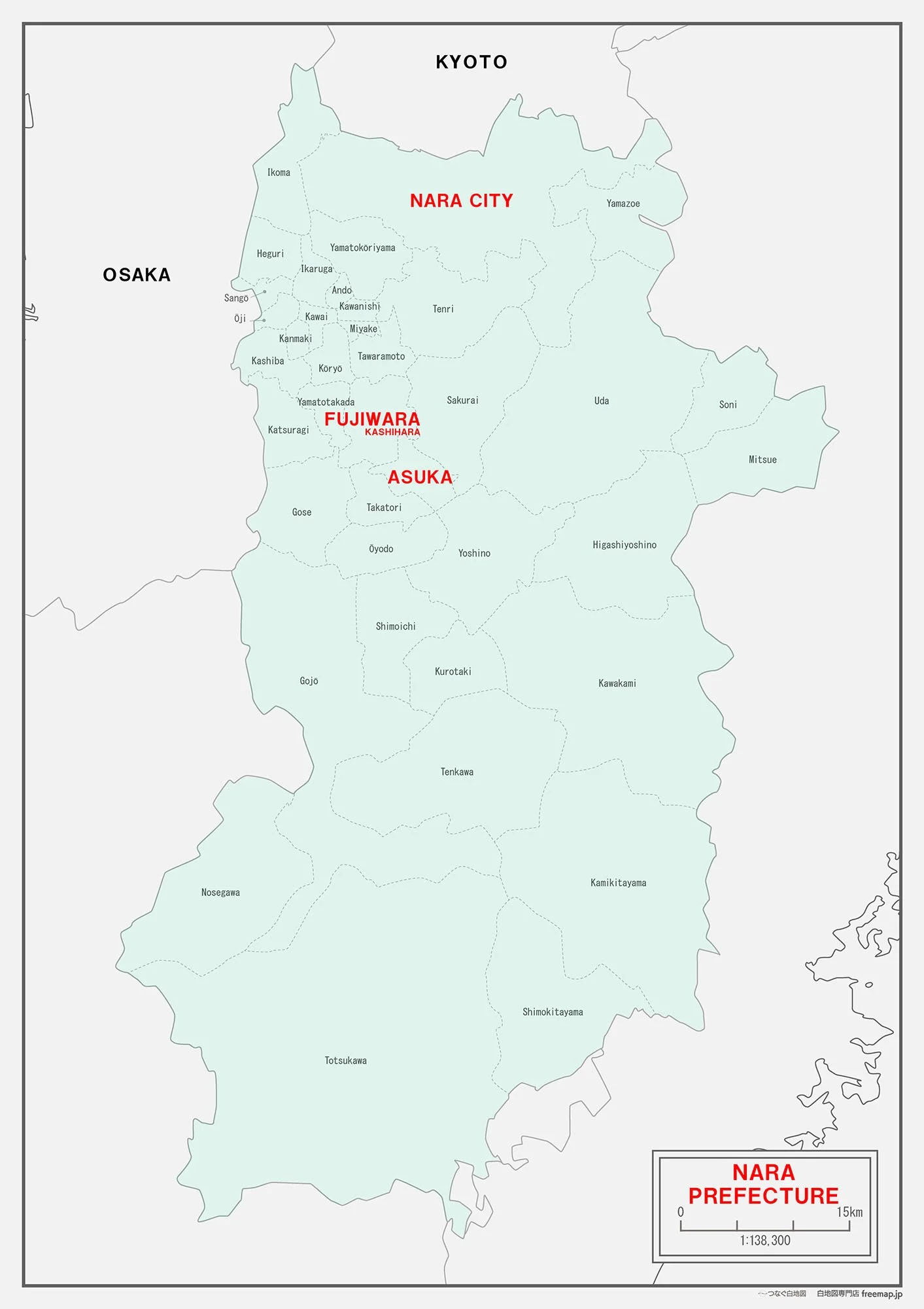 Map of Nara Prefecture, Japan, showing city and district boundaries, with prominent labels for Nara City, Fujiwara, and Asuka in red.