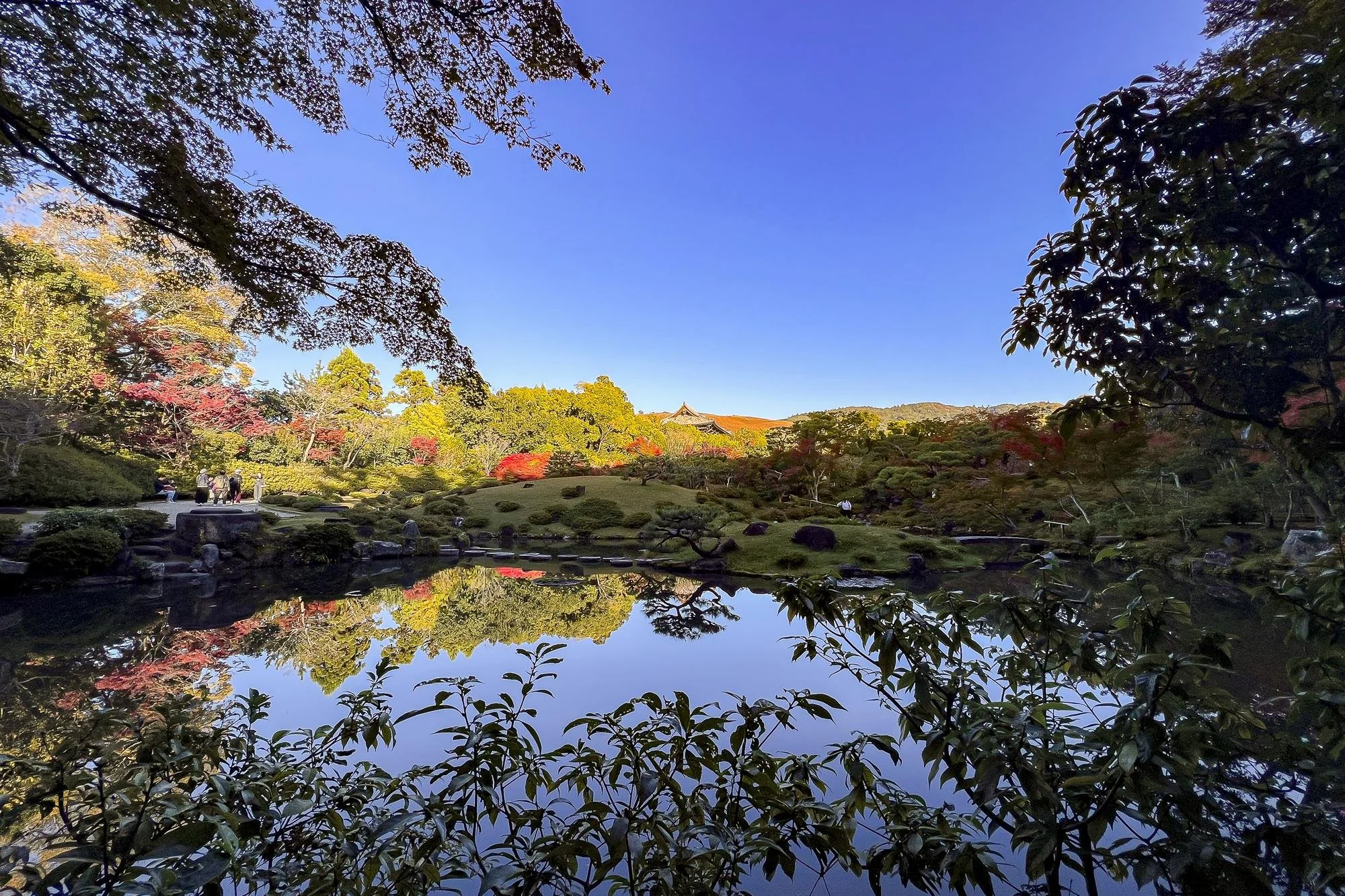 A scenic view of a traditional Japanese garden with a pond, surrounded by trees with fall foliage, and a house with a red roof in the background under a clear blue sky.