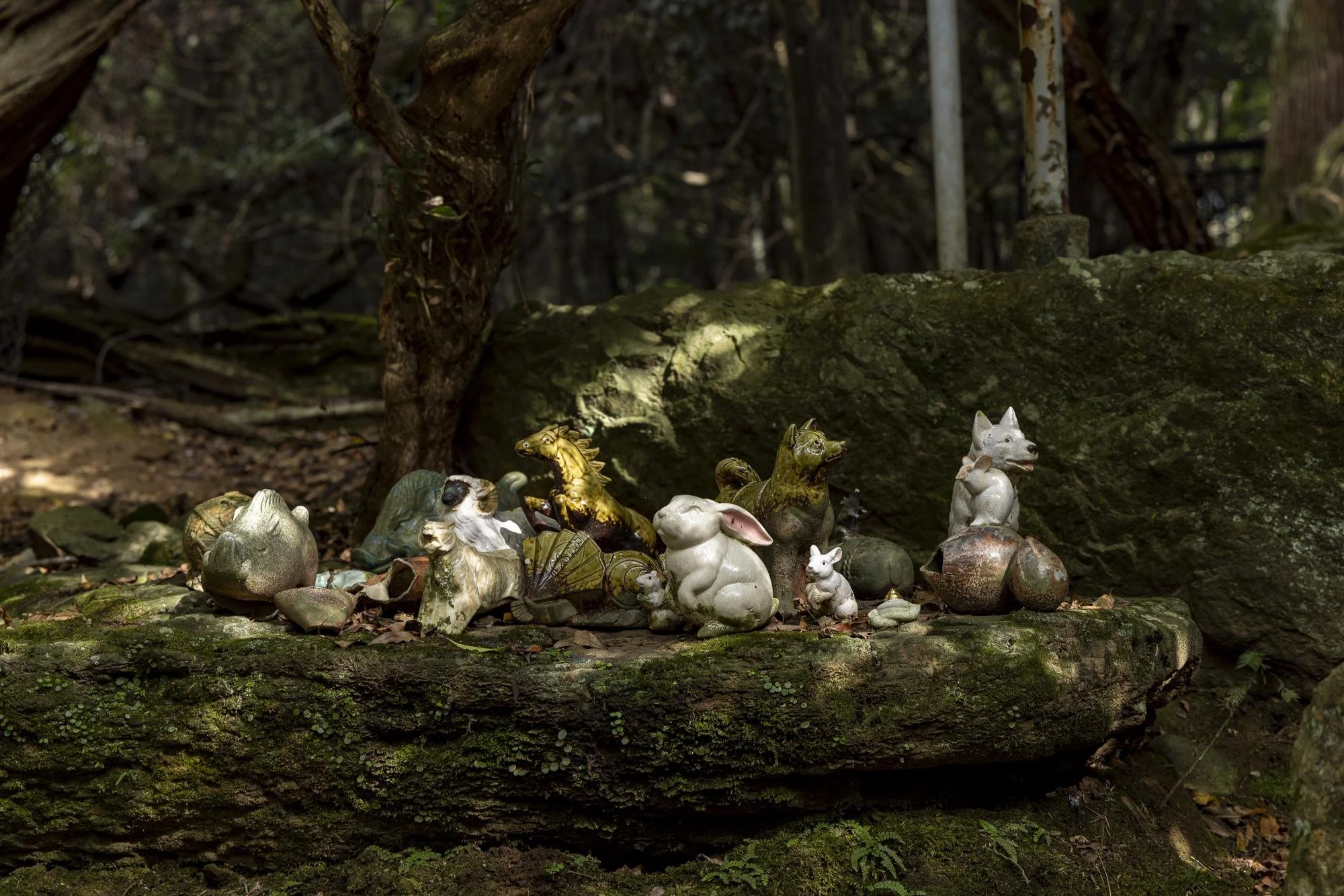 Collection of small animal figurines, including rabbits, a pig, a dog, and other creatures, arranged on a mossy log in a forest setting.