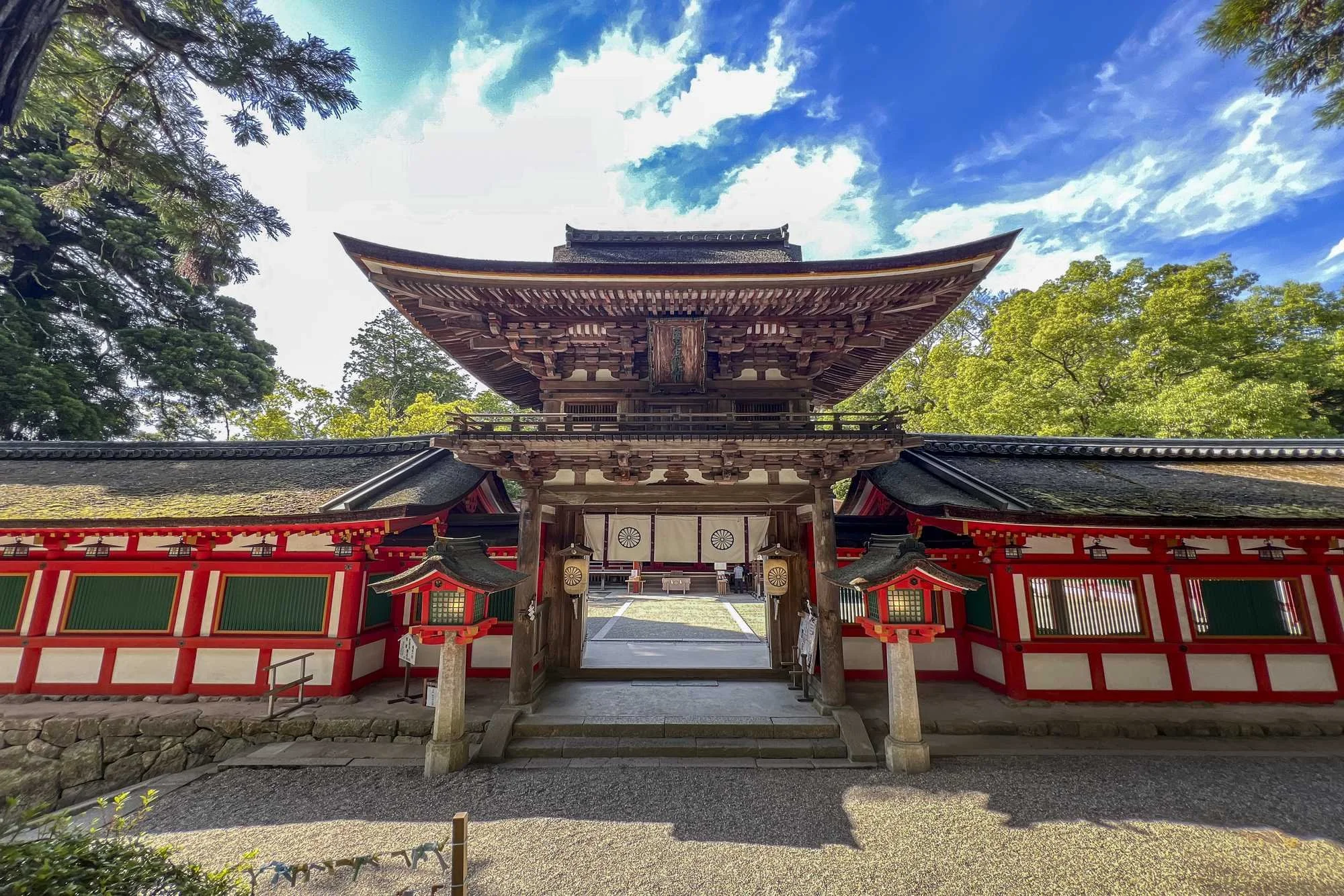 A group of chickens and roosters on a gravel pathway in front of a traditional Japanese shrine with red and green walls, stone steps, and surrounded by lush green trees.