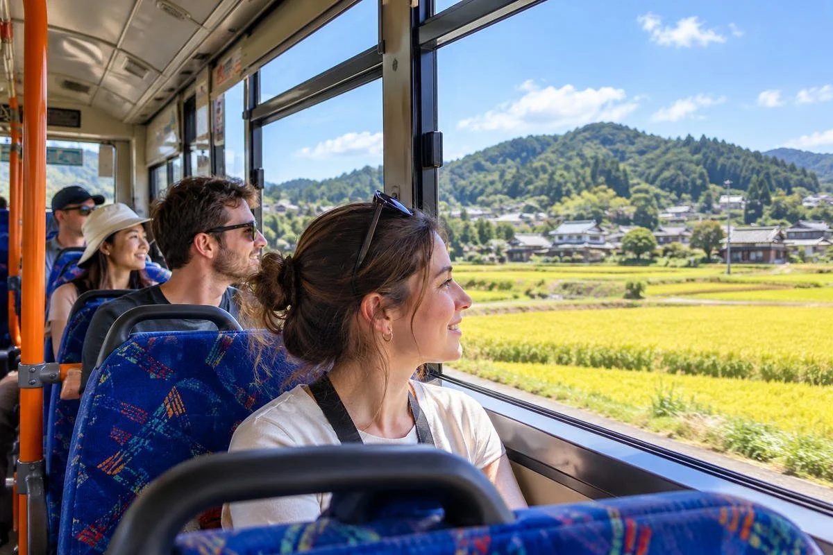 International tourists looking out of a sightseeing bus window at rice fields, traditional houses, and green hills in Asuka, Nara.