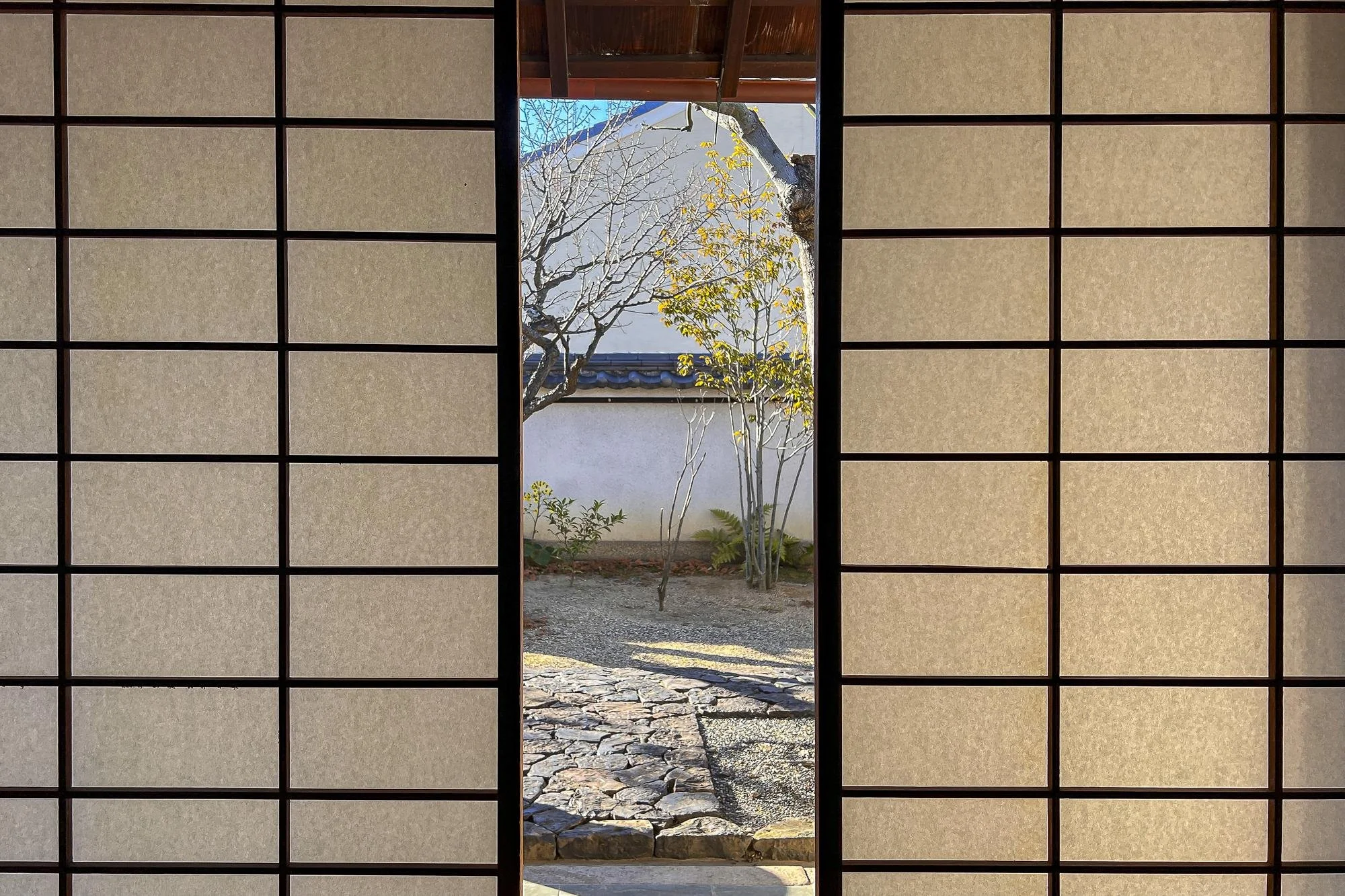 View of a garden with trees and plants through an open doorway between traditional shoji screens, with a stone pathway leading out to the garden.