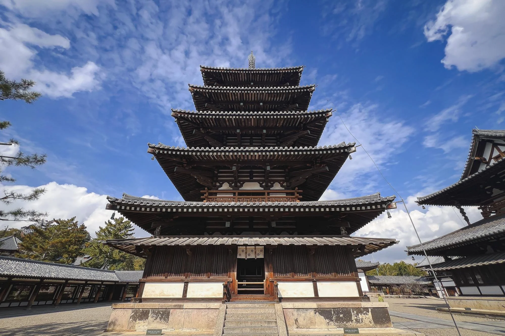 A traditional Japanese five-story pagoda under a partly cloudy sky, surrounded by other temple buildings and trees.