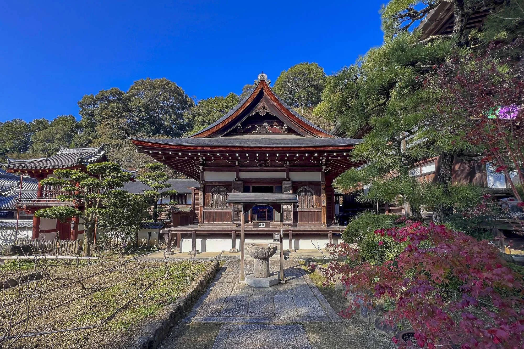 Traditional Japanese wooden temple surrounded by greenery, with a clear blue sky above.