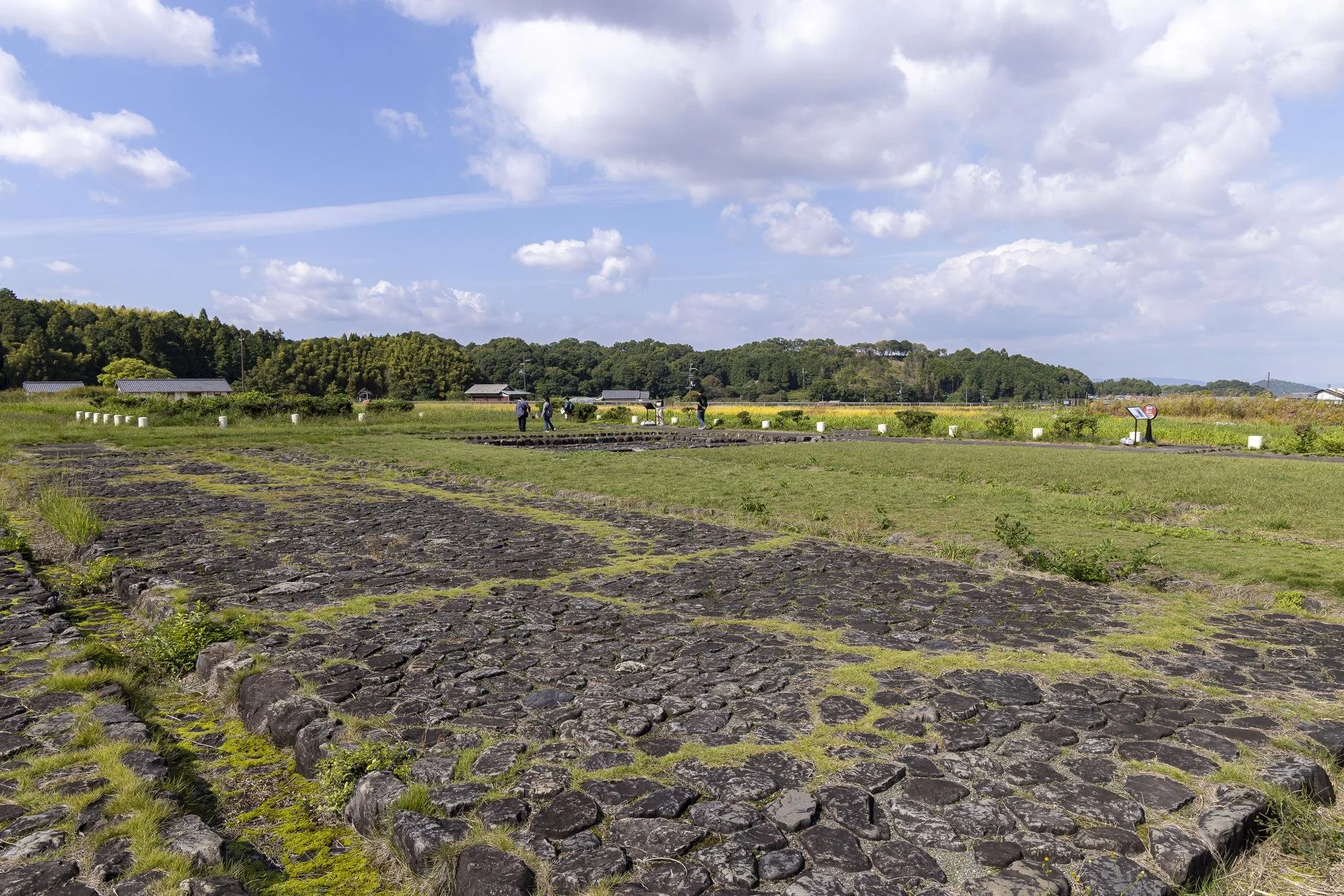 Asuka Palace Site: Ancient black stone ruins in a grassy open field under a blue sky with white clouds, small groups of people exploring, distant trees and traditional buildings.
