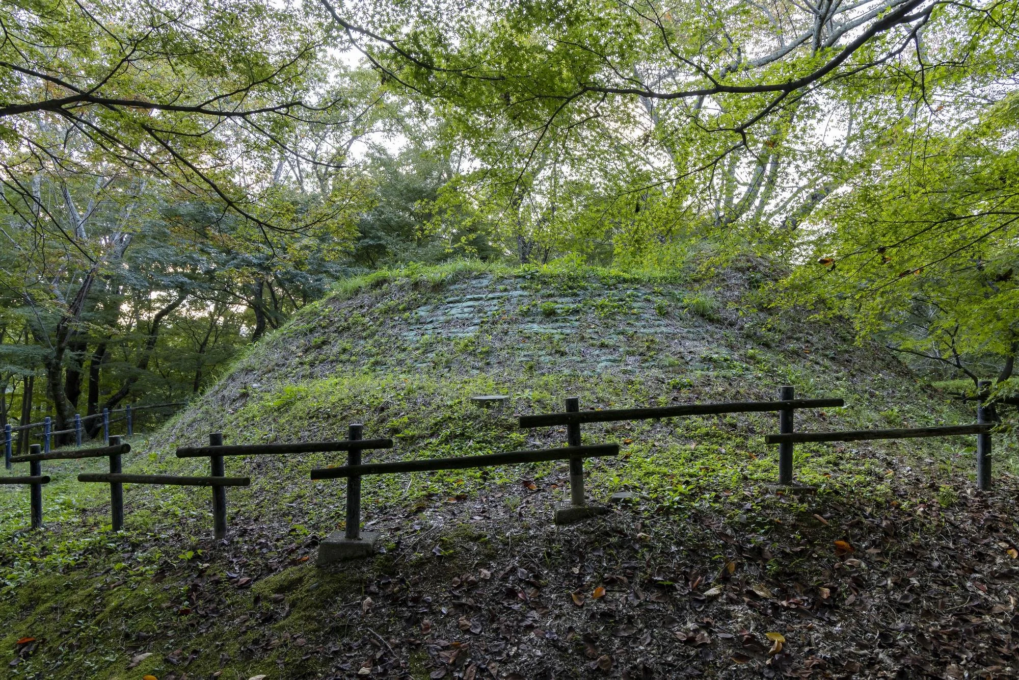 An ancient, moss-covered stone mound surrounded by a black wooden fence in a forest with dense green trees overhead.