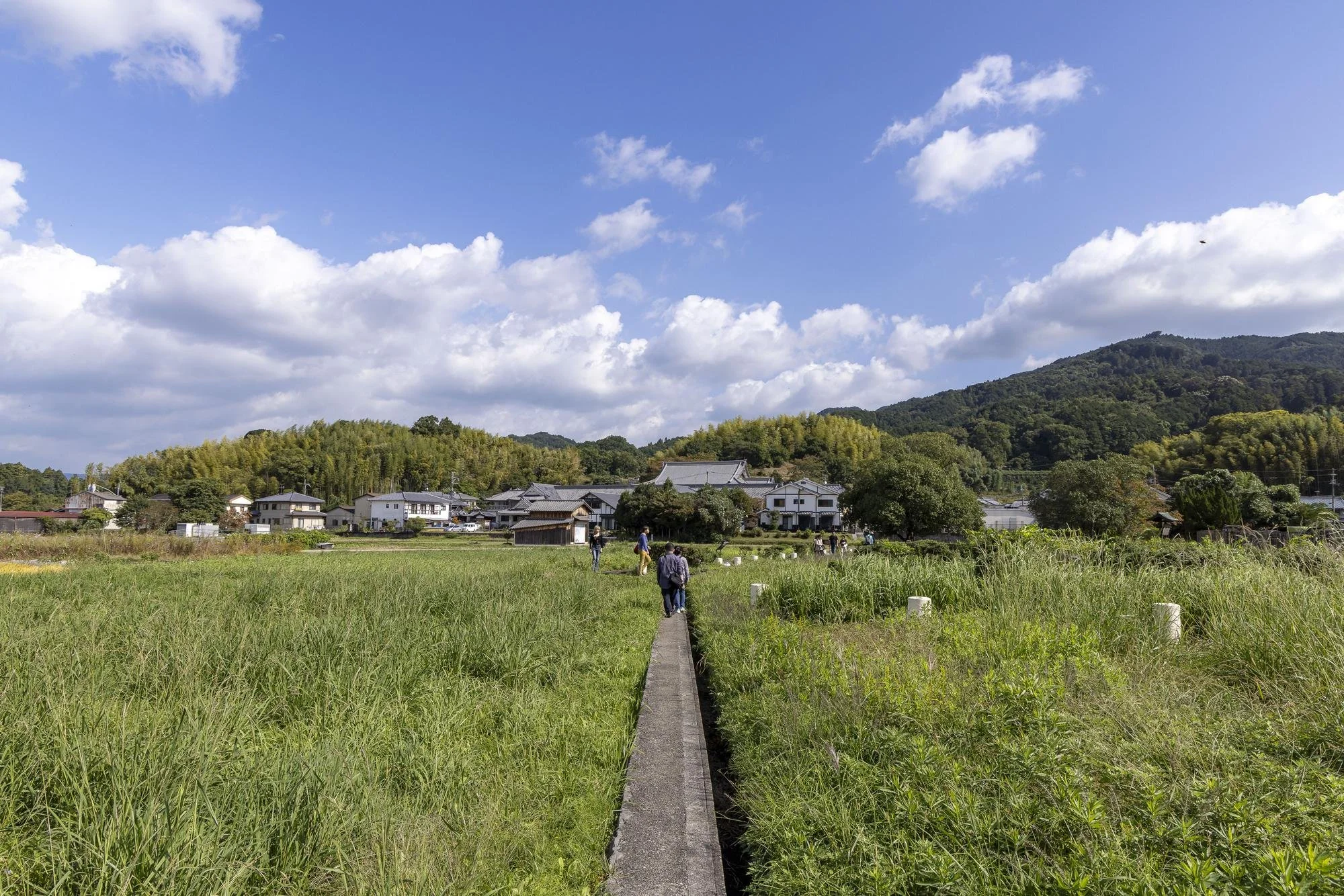 Asuka Palace Site: People walking along a narrow path through lush green fields with a small village and forested hills in the background under a partly cloudy sky.