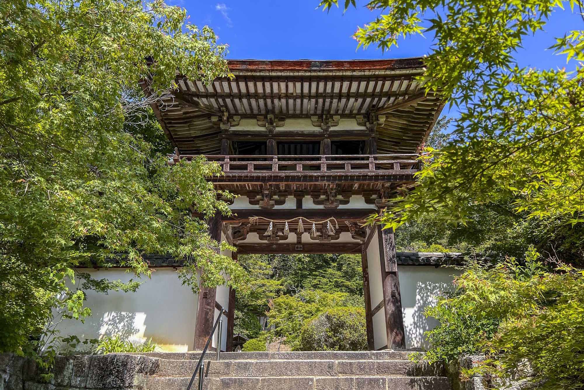 Traditional Japanese building with wooden structure and gray tiled roof, surrounded by lush green trees and a pond in the foreground.