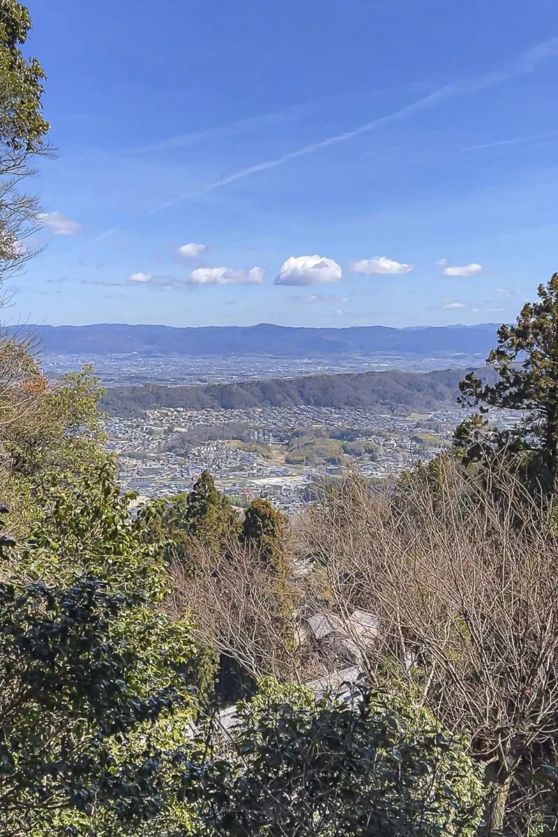 A scenic view of a valley with houses, trees, and distant mountains under a partly cloudy blue sky