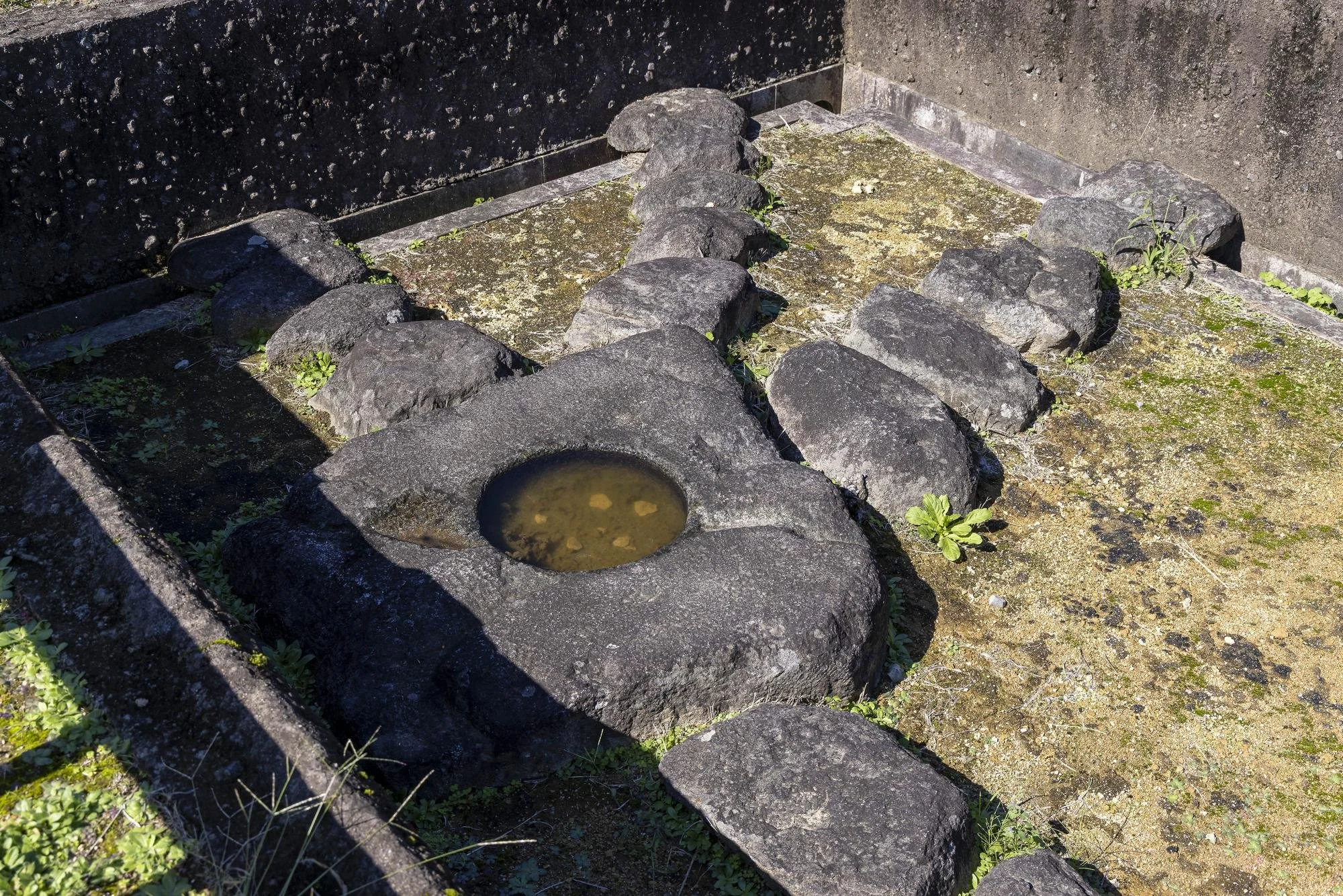 An old stone water basin-shaped sculpture with a round, shallow bowl filled with water, surrounded by roughly hewn rocks, in a small outdoor enclosed space with moss and small plants growing between the stones.