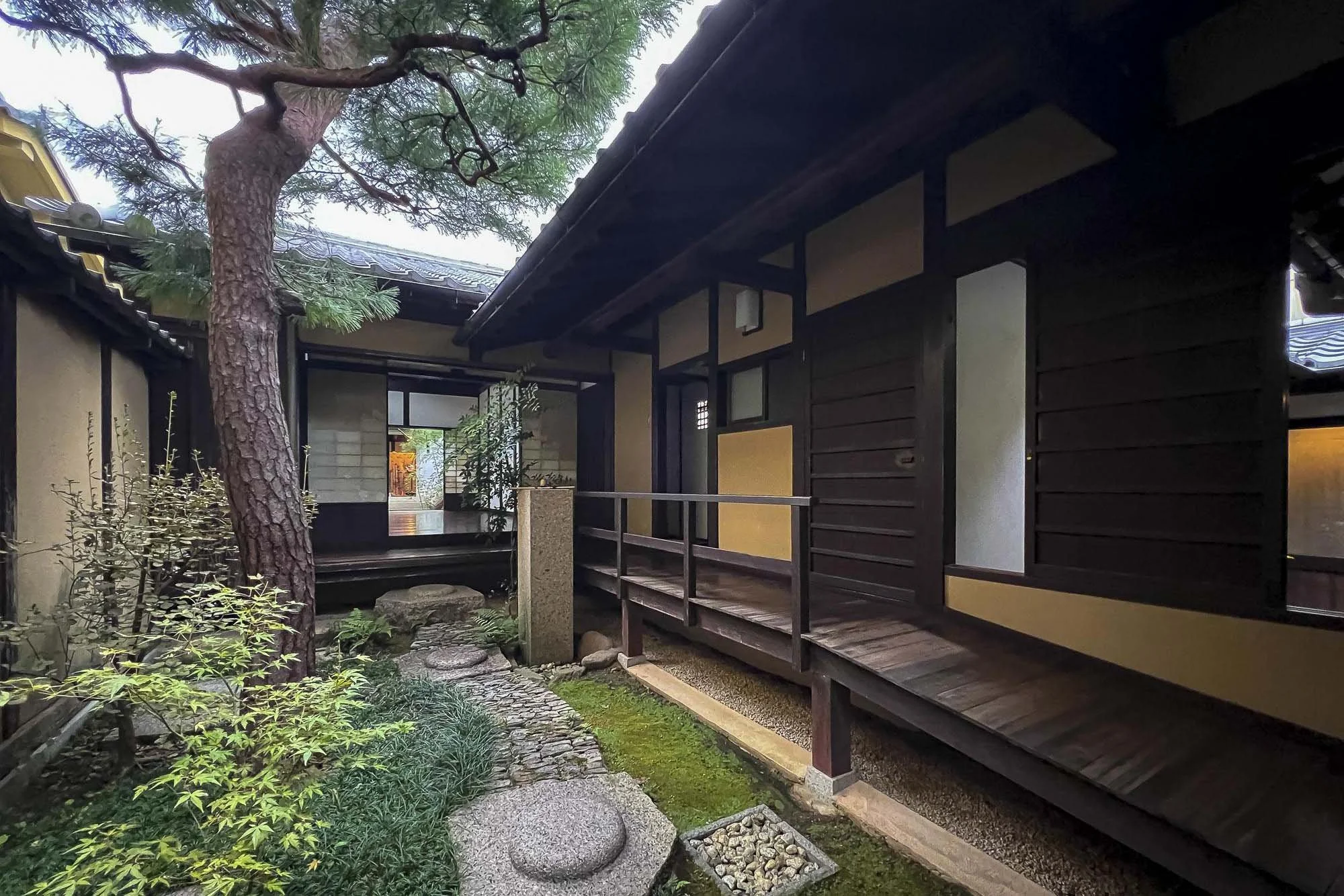 Traditional Japanese garden courtyard with a wooden deck, a large pine tree, stone pathway, and lush greenery.