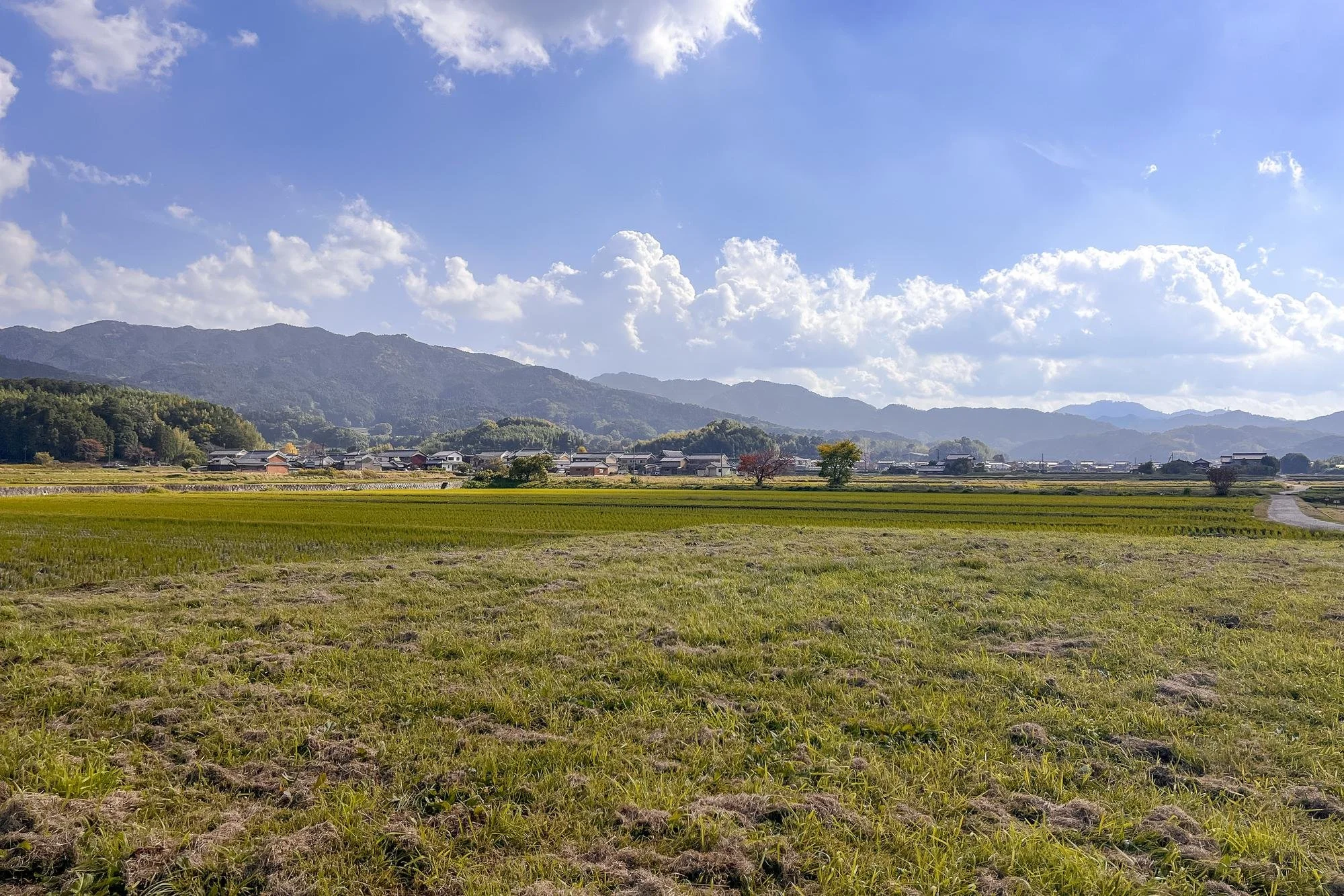 A rural landscape with a wide grassy field in the foreground, a small village with houses in the middle ground, and mountains in the background under a partly cloudy blue sky.