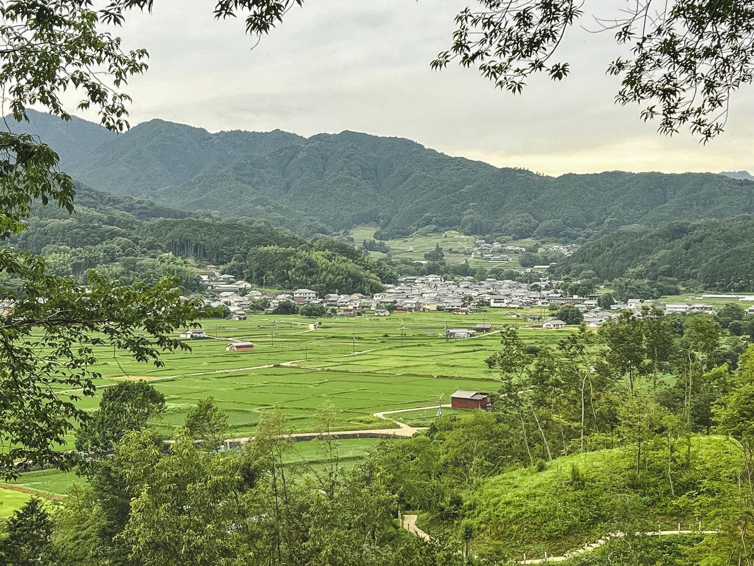 View over rice fields, a village, and forested hills in Asuka, Nara, seen from Amakashi-no-oka.