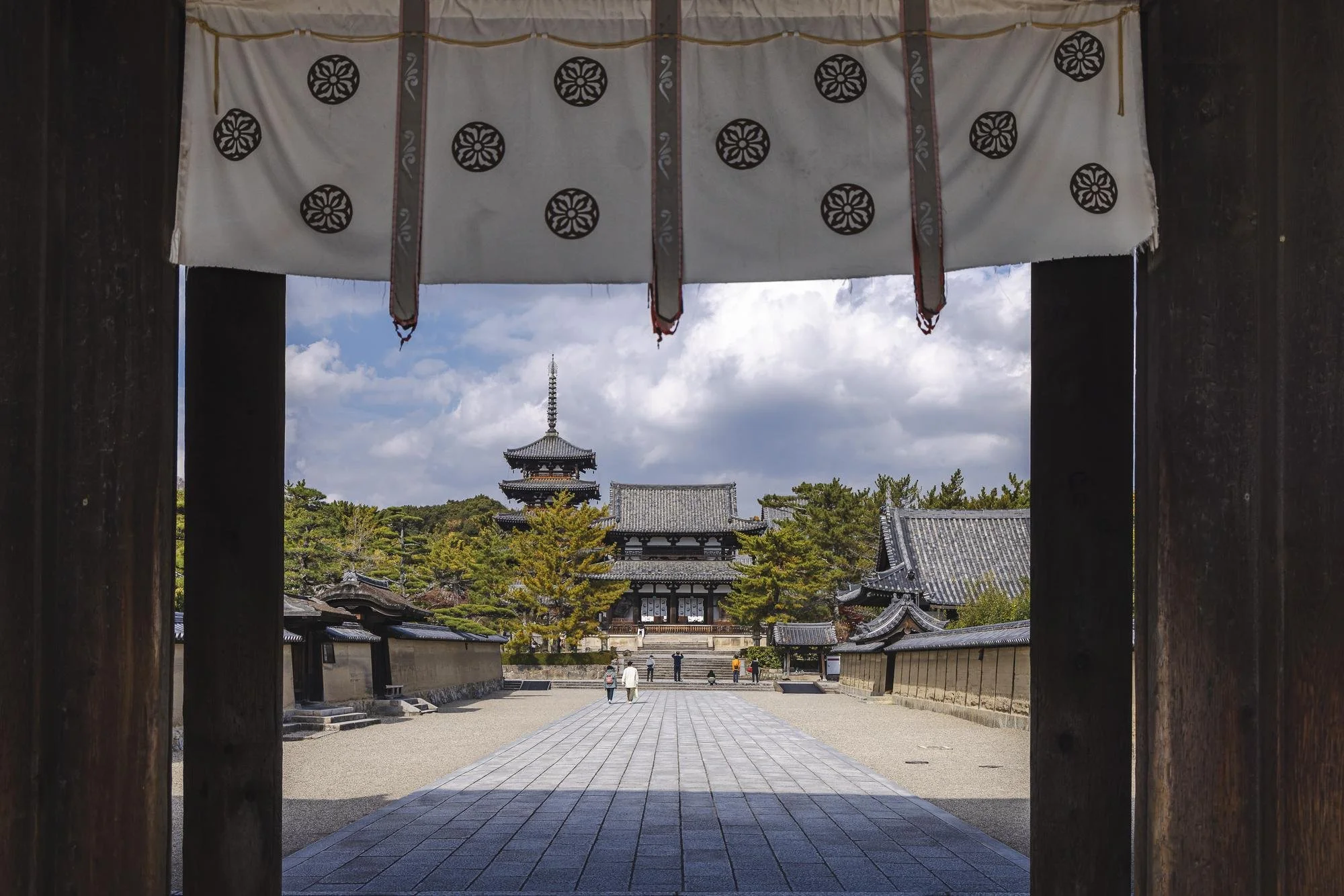 Traditional Japanese temple seen through a wooden gate, with stone pathway, trees, and a cloudy sky in the background.