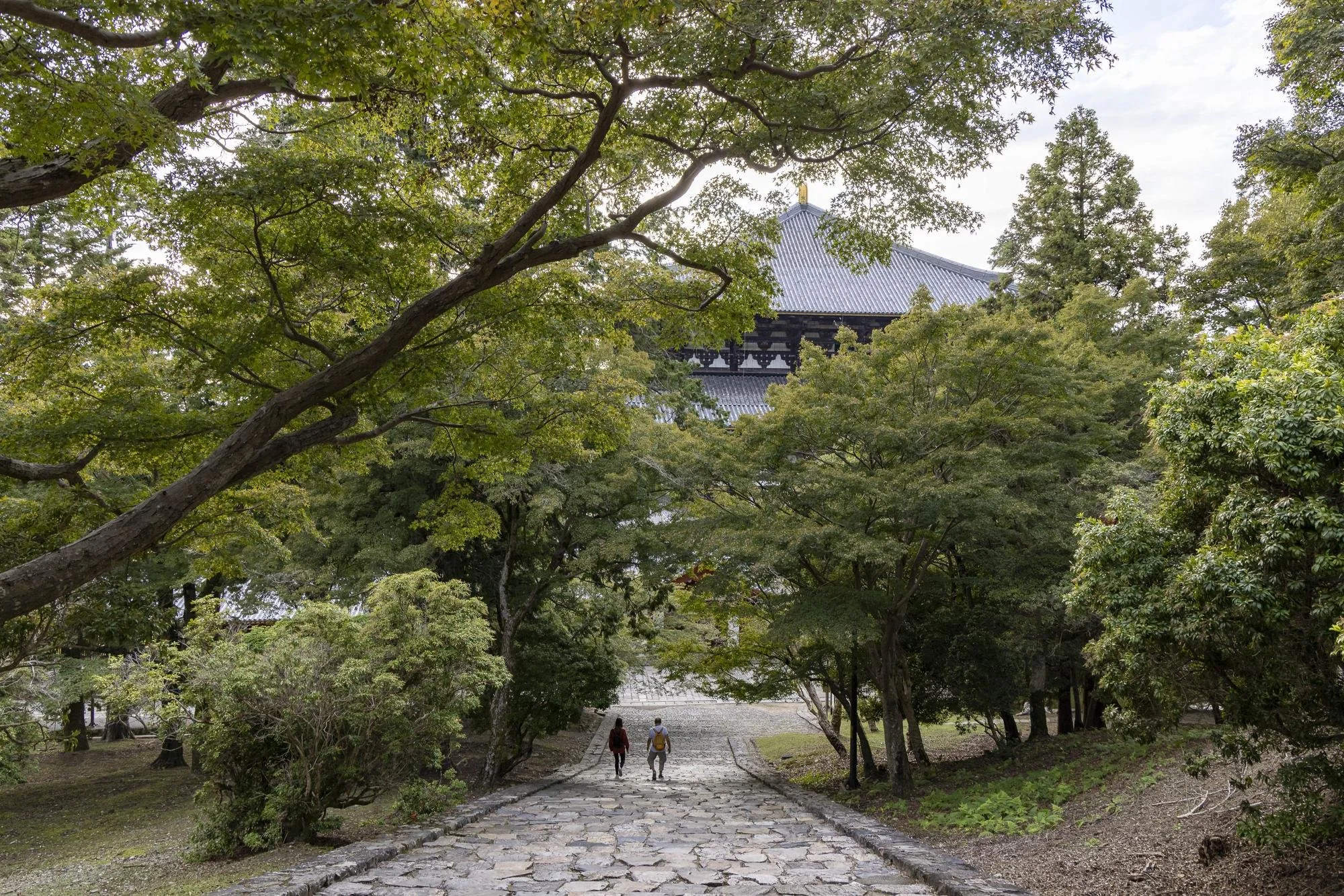 Two people walking on a stone pathway through a lush green garden leading to a traditional Japanese building with a tiled roof.