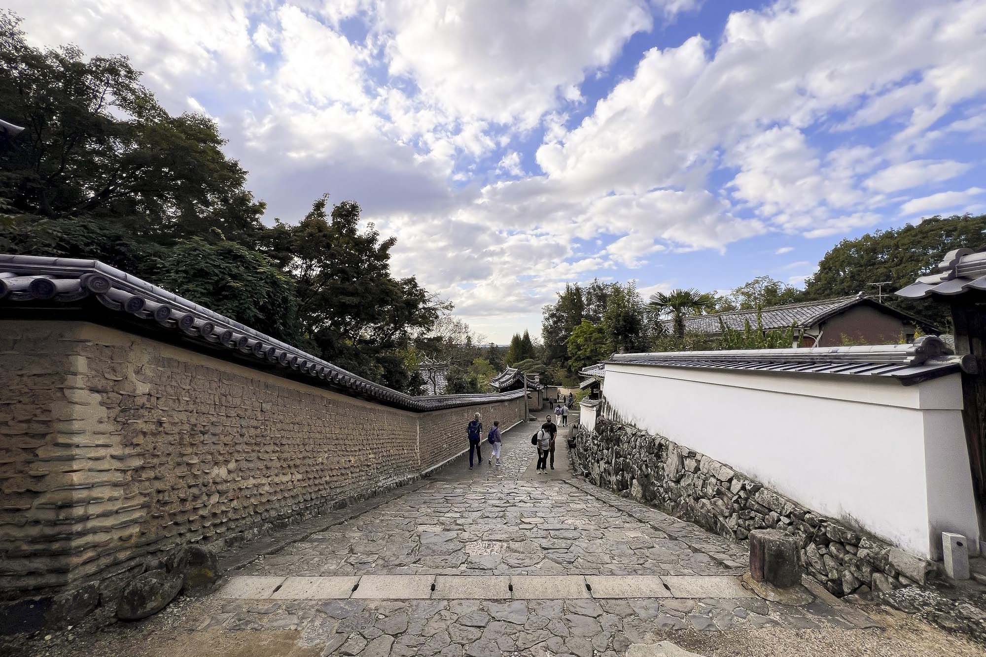 A stone-paved street flanked by traditional Japanese walls, with trees and houses in the background under a partly cloudy sky.