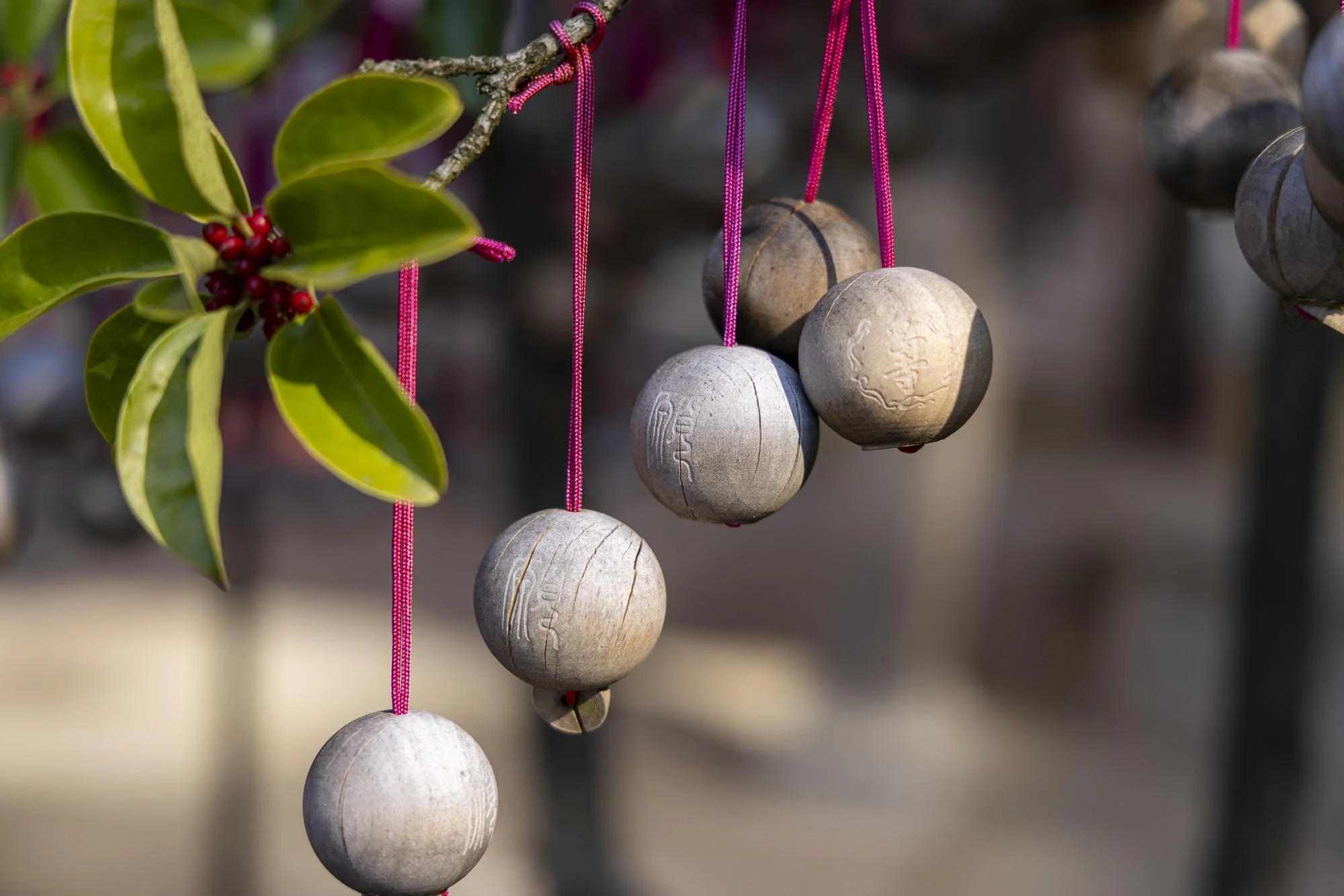 Wooden balls with carvings hanging from pink strings on a tree branch with green leaves and red berries