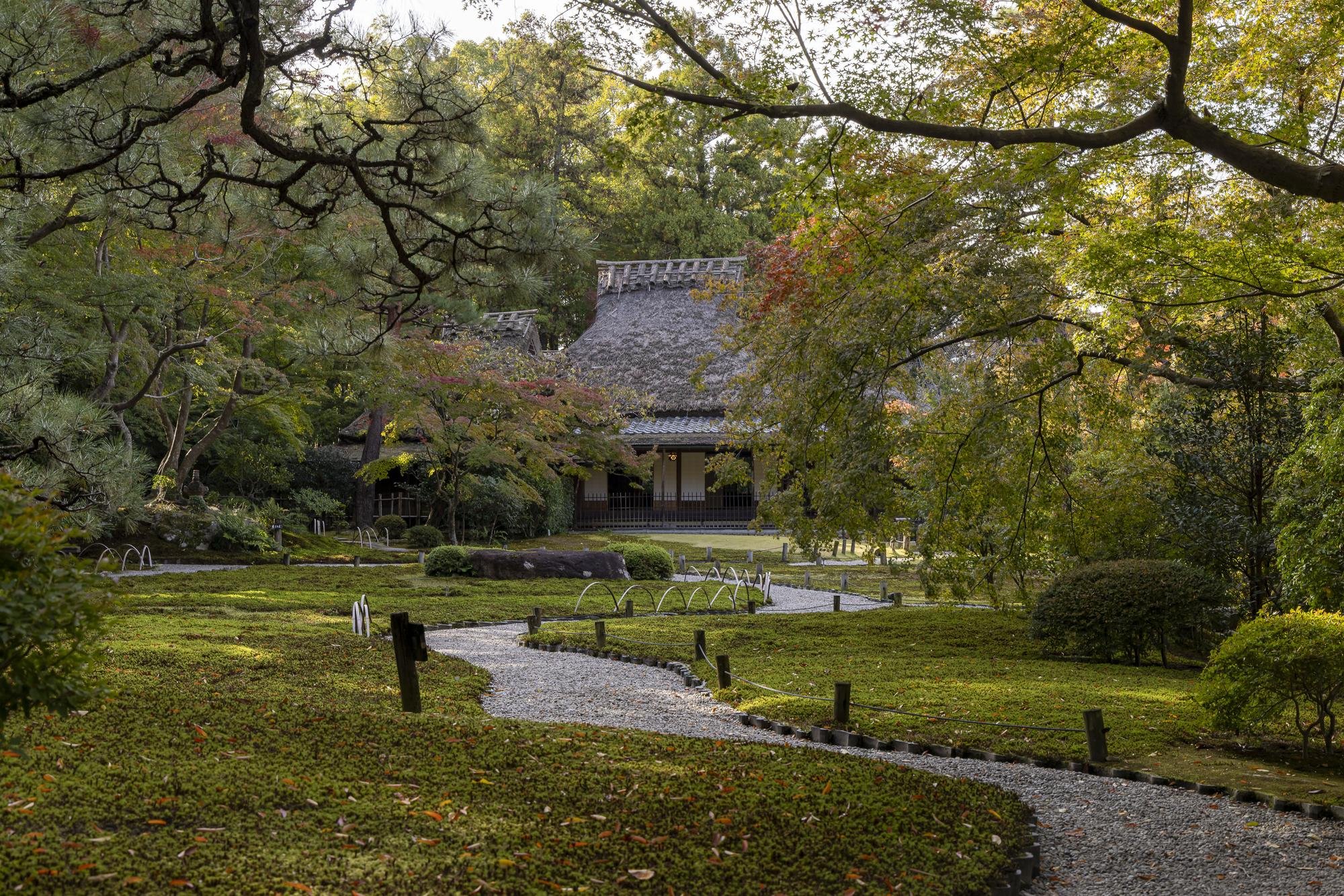 A peaceful Japanese garden with a winding gravel path, lush trees with green and some red leaves, and a traditional thatched-roof building in the background.