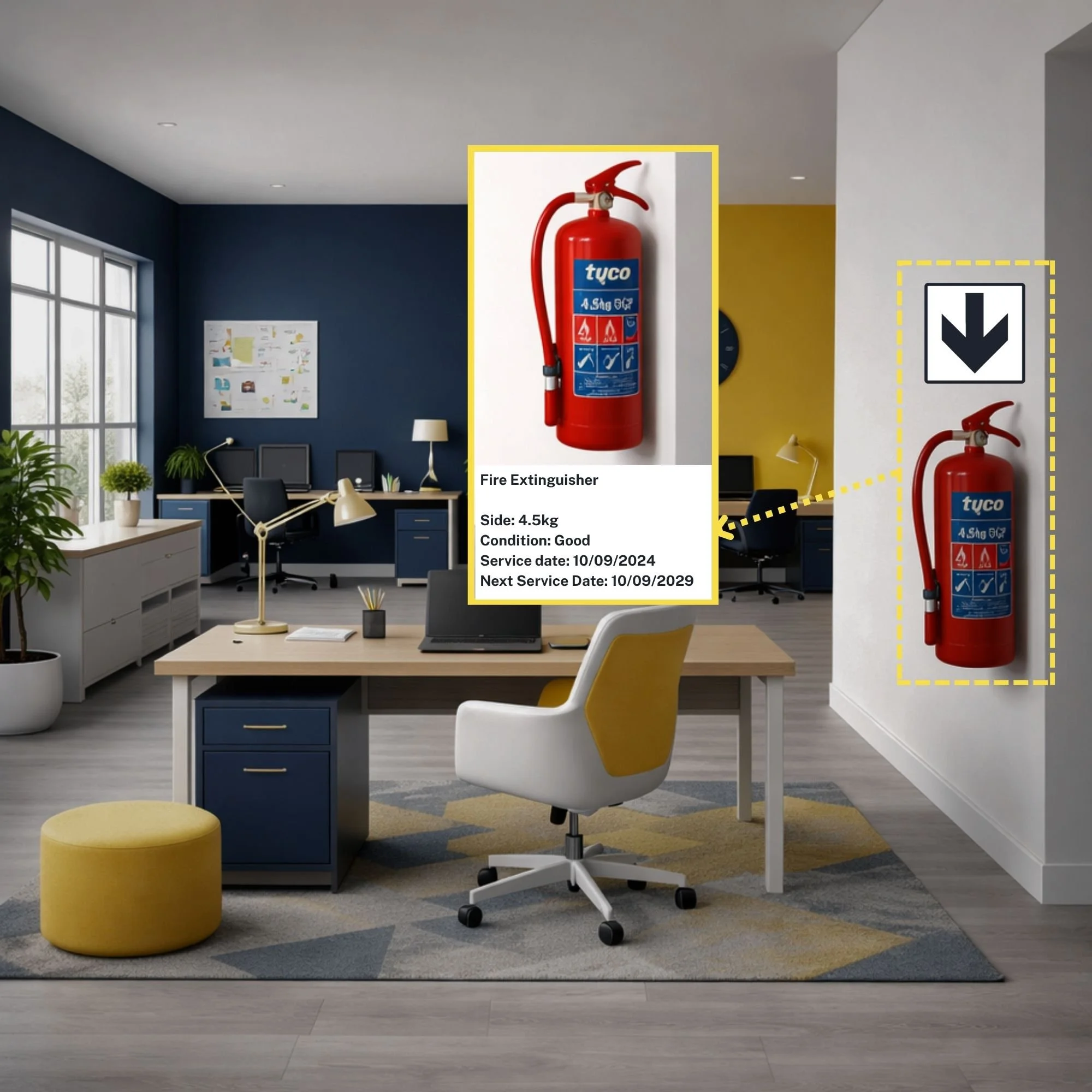 Office with a fire extinguisher mounted on the wall and a close-up view of the extinguisher showing details like weight, condition, service date, and next service date.