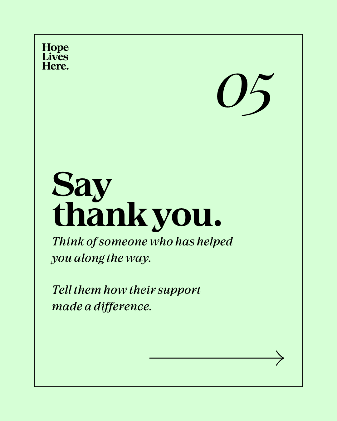 A motivational quote on a light green background, encouraging people to say thank you, with the number 05 and an arrow.