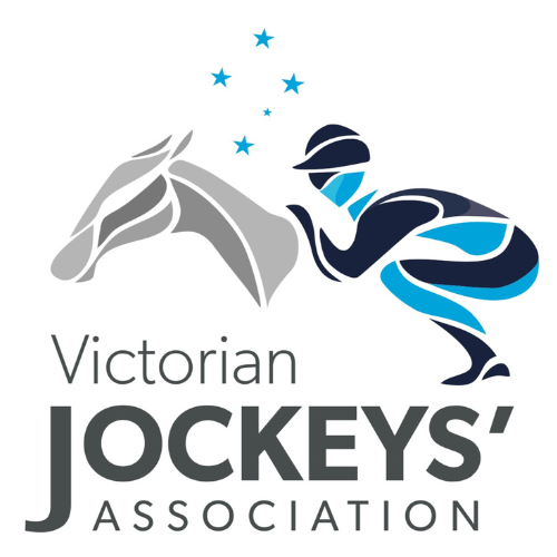 Logo of Victorian Jockeys' Association featuring a jockey riding a horse with stars above.