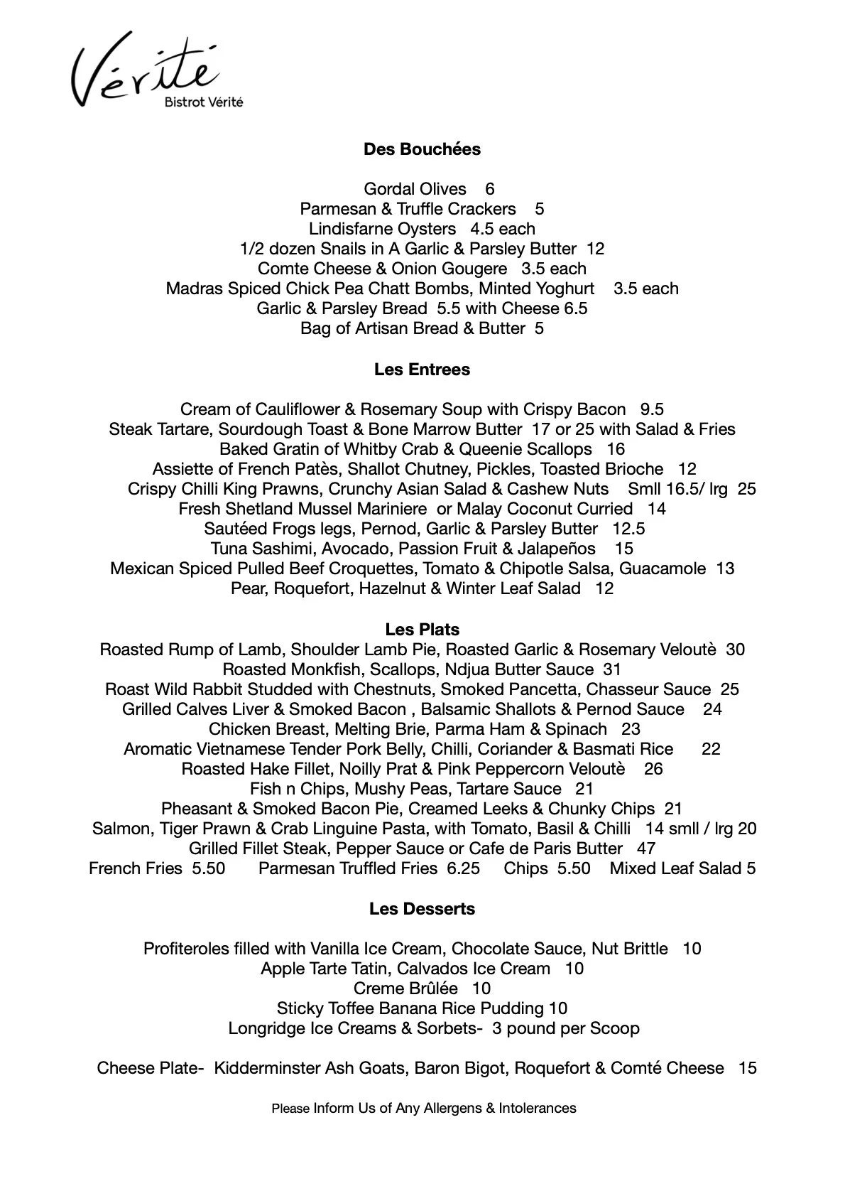 Menu - 30th January