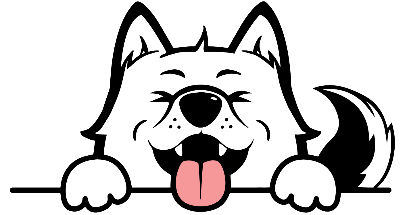 Cute cartoon husky dog with a black nose, pink tongue sticking out, white face, ears, and paws, on a black background.