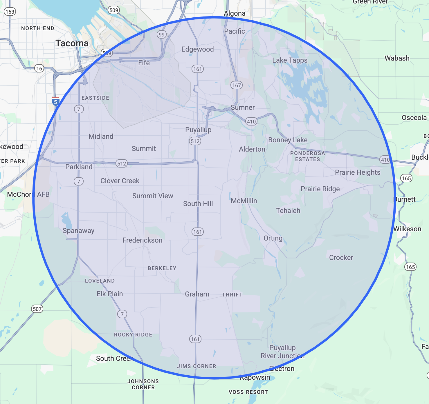 Service Region for 10 mile radius of Puyallup