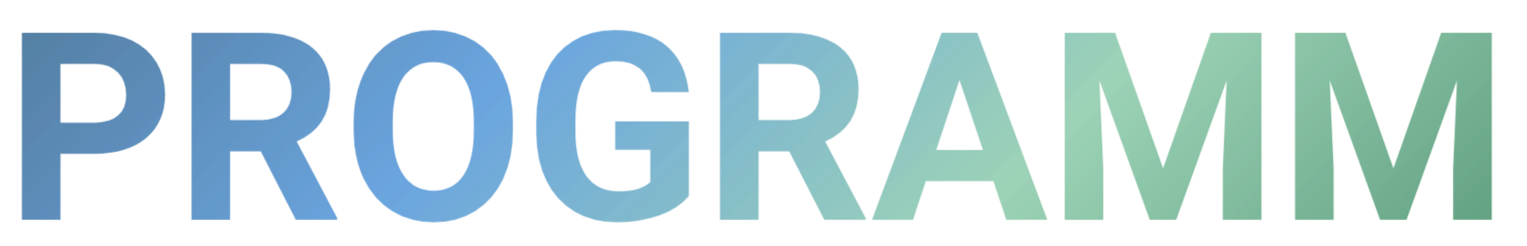 Das Wort "PROGRAMM" in großen, künstlerisch gestalteten Buchstaben, mit Farbverlauf von Blau zu Grün.