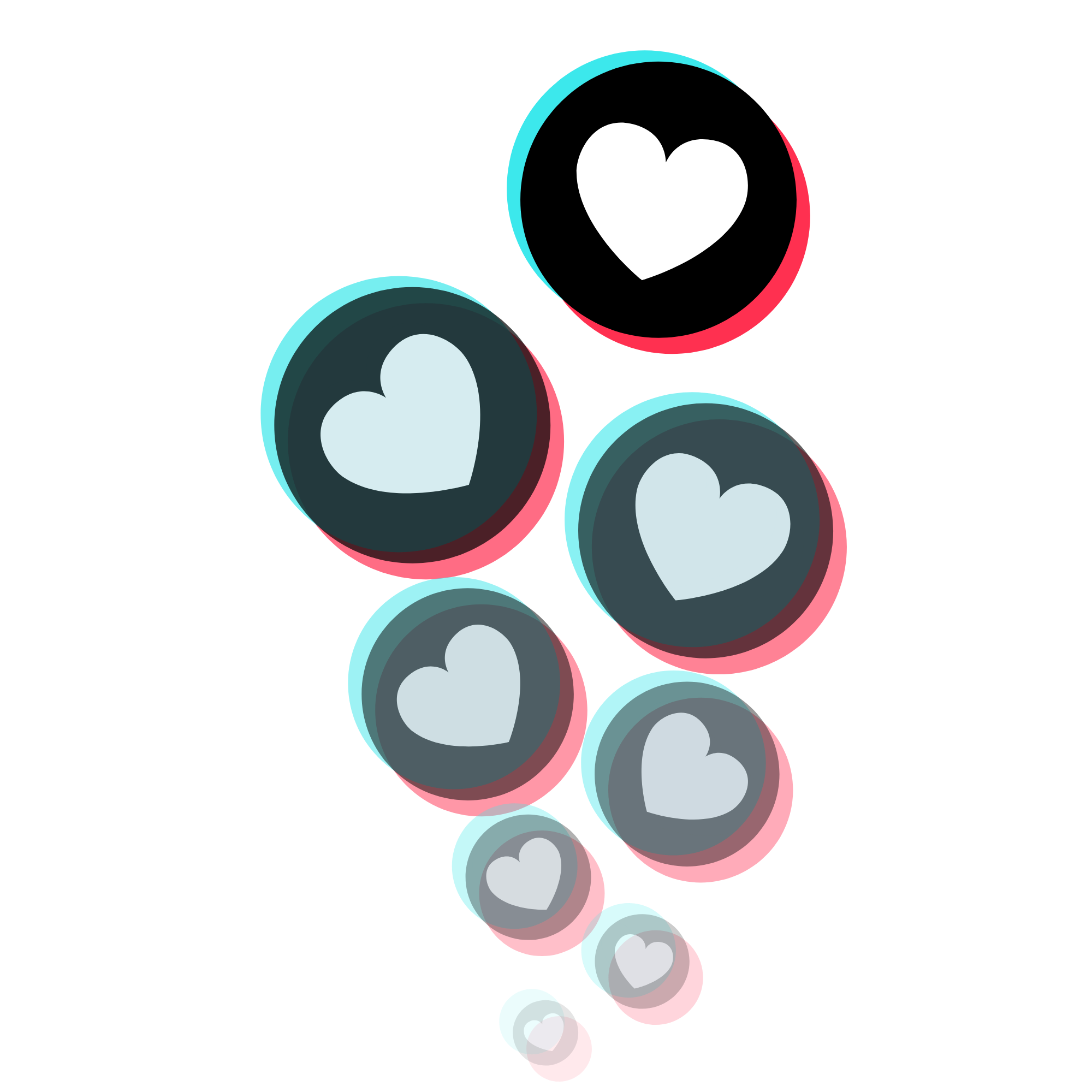 Grafik mit mehreren Källen, die Herzen enthalten, Farben sind blau, schwarz, rot, pink, grüner Hintergrund, verzerrte digitale Darstellung.