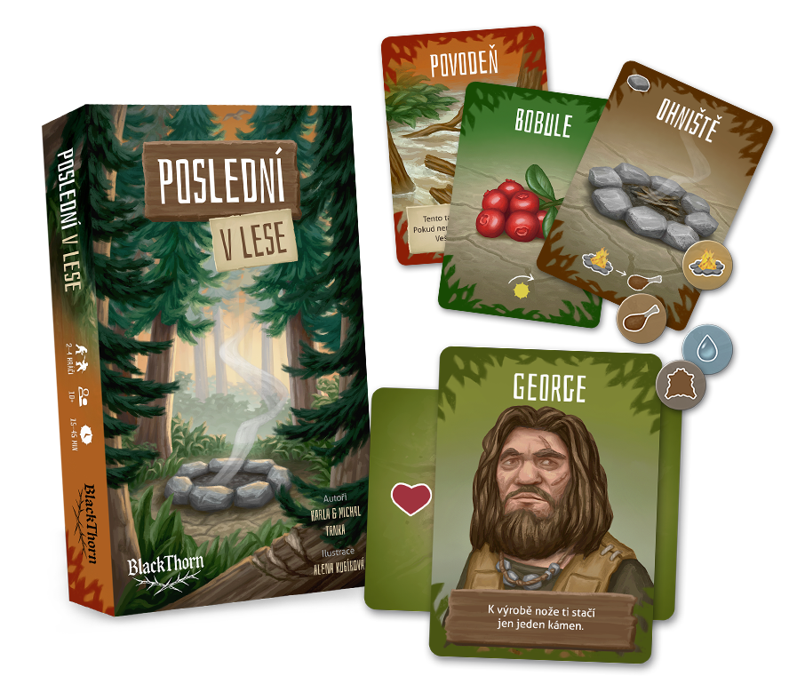 A card game titled "Poslední v lese" featuring forest-themed illustrations, recipe cards for berries, stones, and moss, and a character card named George with a quote in Czech.