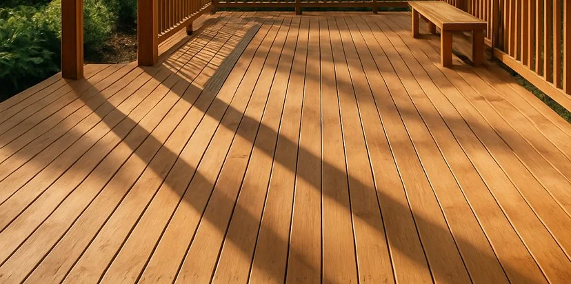A wooden outdoor deck with a small bench in the corner, surrounded by a wooden fence, and shadows cast by the fence and nearby trees.
