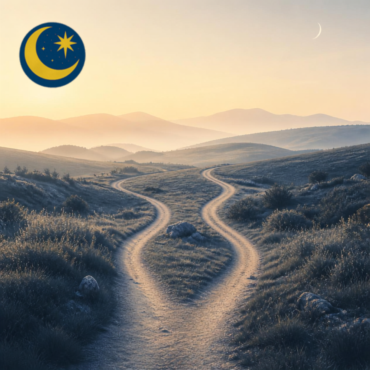 Two winding dirt paths through a misty hillside at sunrise, symbolizing  the choice between therapy and psychiatric care