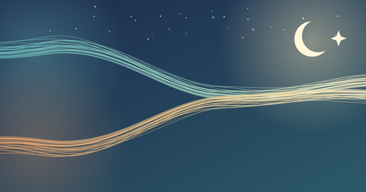 Two flowing ribbons of teal and amber light merging into one stream that leads toward a crescent moon and star.