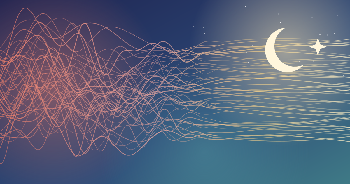 Abstract illustration of tangled coral lines on the left gradually smoothing into calm golden waves that flow toward a crescent moon and star.