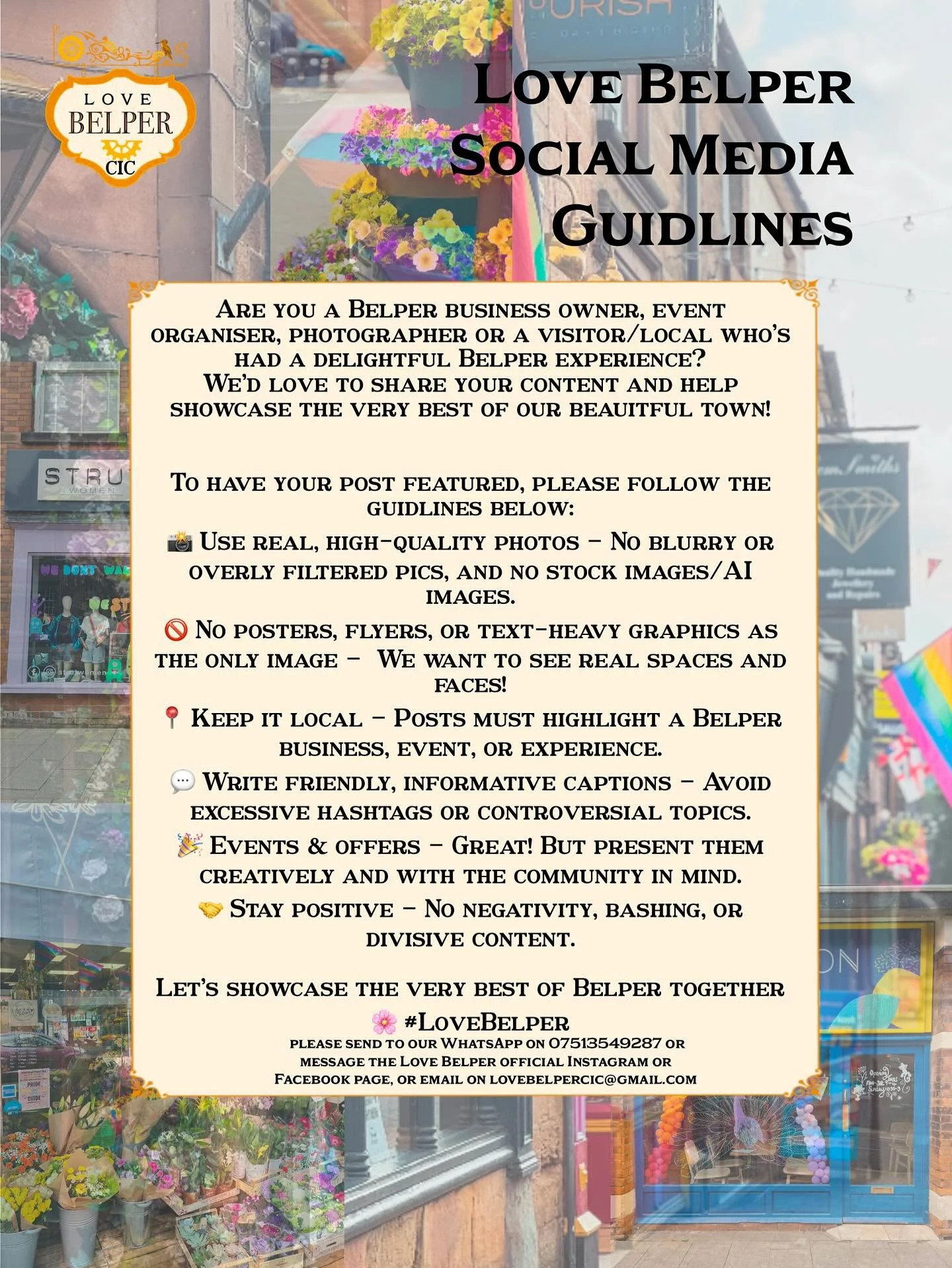 ✨SOCIAL MEDIA GUIDLINES✨
Would your business, event or Belper experience like to be featured on Love Belper? Let’s share the very best of our beautiful town ✨
Thank you so much to everyone who’s given content, including our amazing volunt