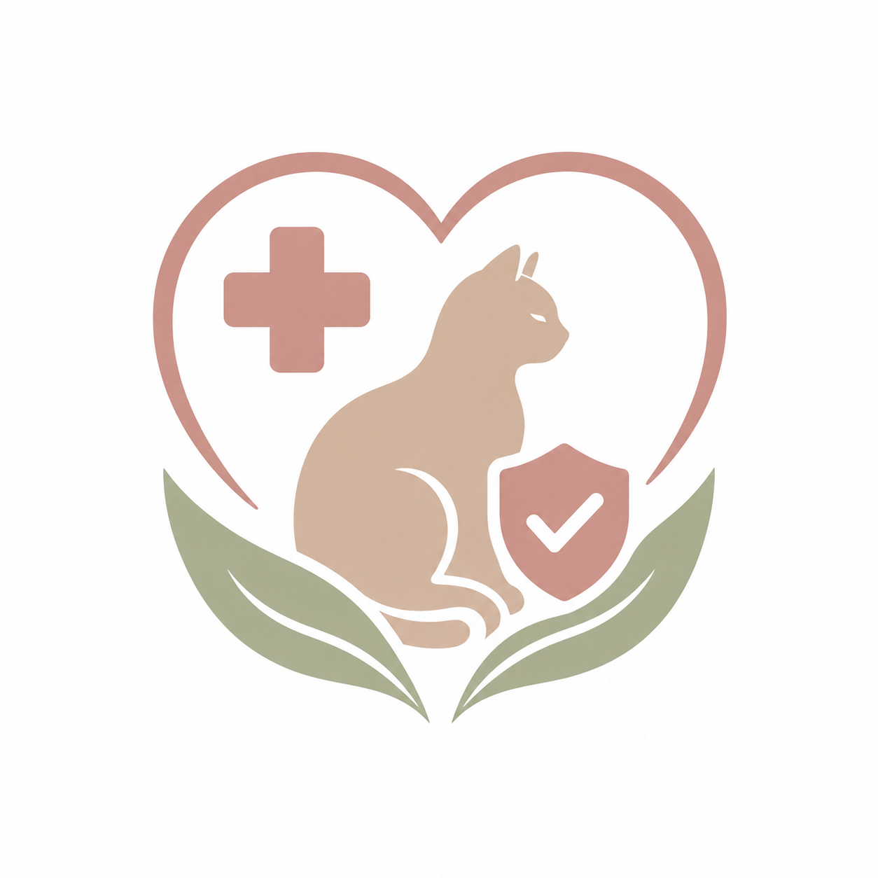A stylized illustration of a cat with a heart, a medical cross, a shield with a checkmark, and leaves, representing pet health and wellness.