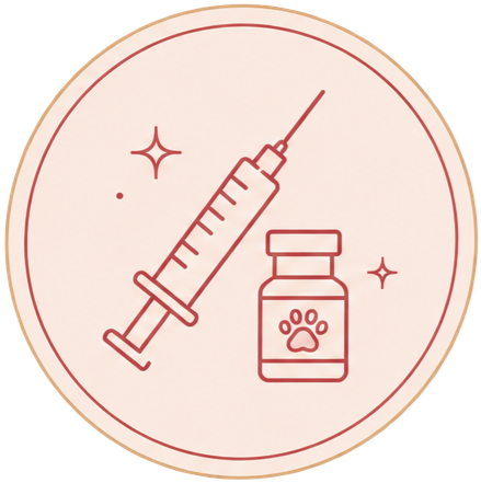 Illustration of a syringe and a small bottle with a paw print, indicating veterinary or animal medication.