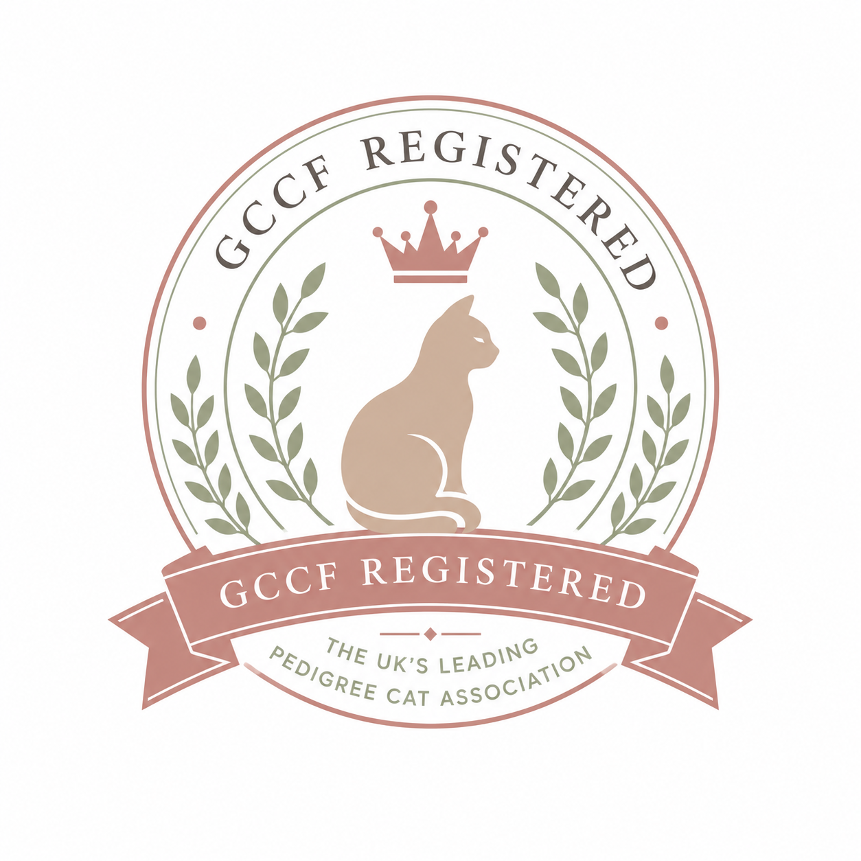 GCCF registered Pedigree Cat Association logo with a sitting cat, crown, and laurel wreath design.