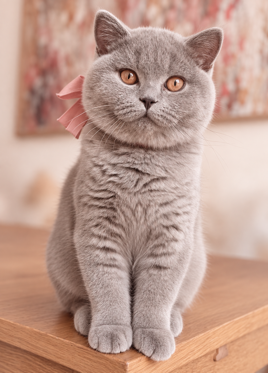 Plush British Shorthair in Pink Ribbon