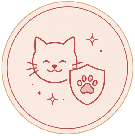 Line drawing of a smiling cat's face and a shield with a paw print, surrounded by stars on a pink background.