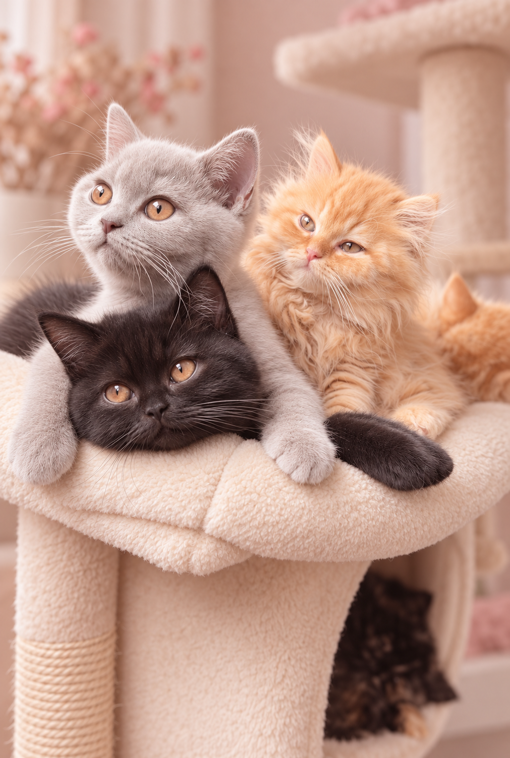 Pastel Kittens Cuddling in a Plush Perch