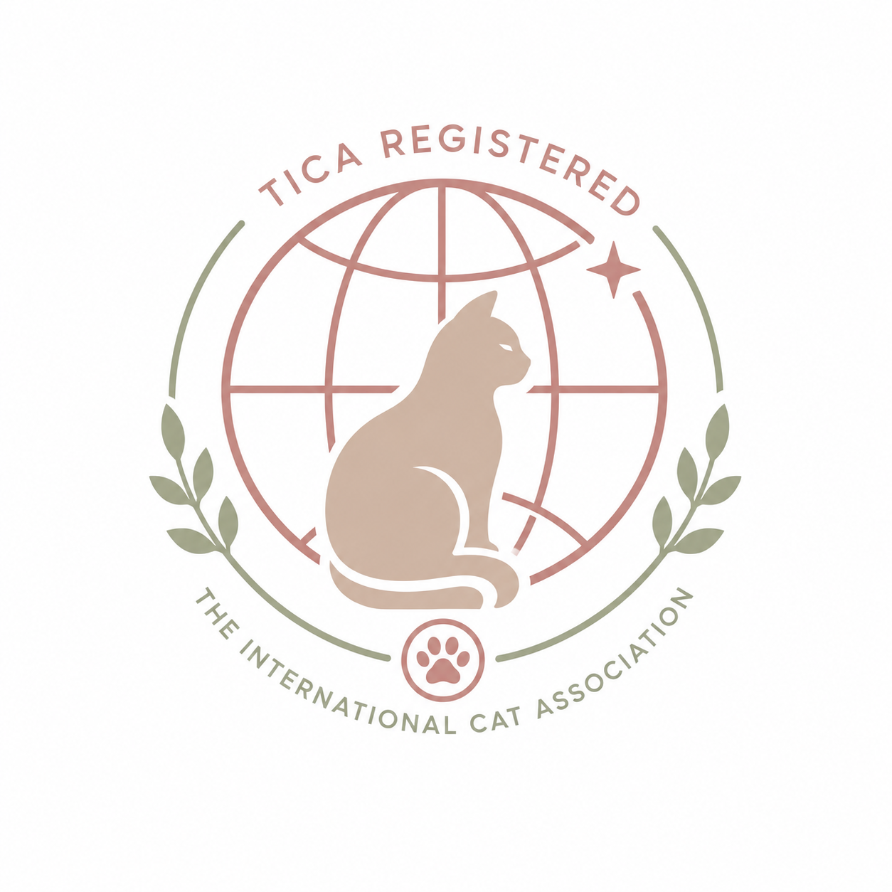 Logo of the International Cat Association with a silhouette of a sitting cat inside a globe, surrounded by laurel branches.