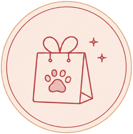 A cute illustration of a shopping bag with a paw print, ribbon handle, and sparkles surrounding it.